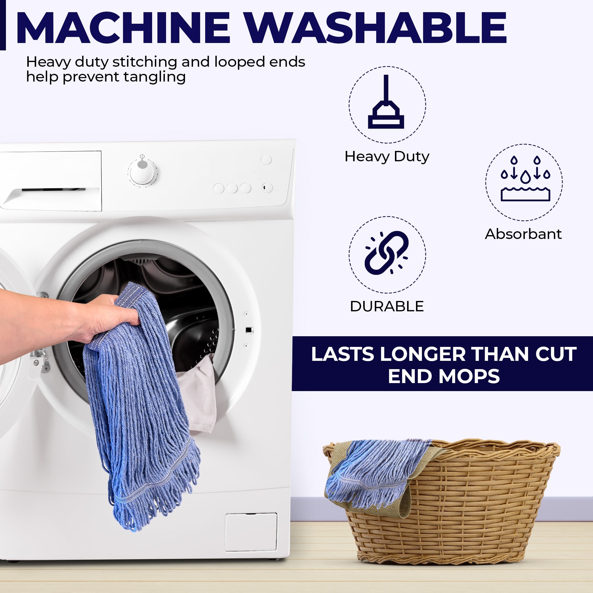 Mop Heads - Heavy Duty - Synthetic Cotton - Looped End - 16 oz - Blue