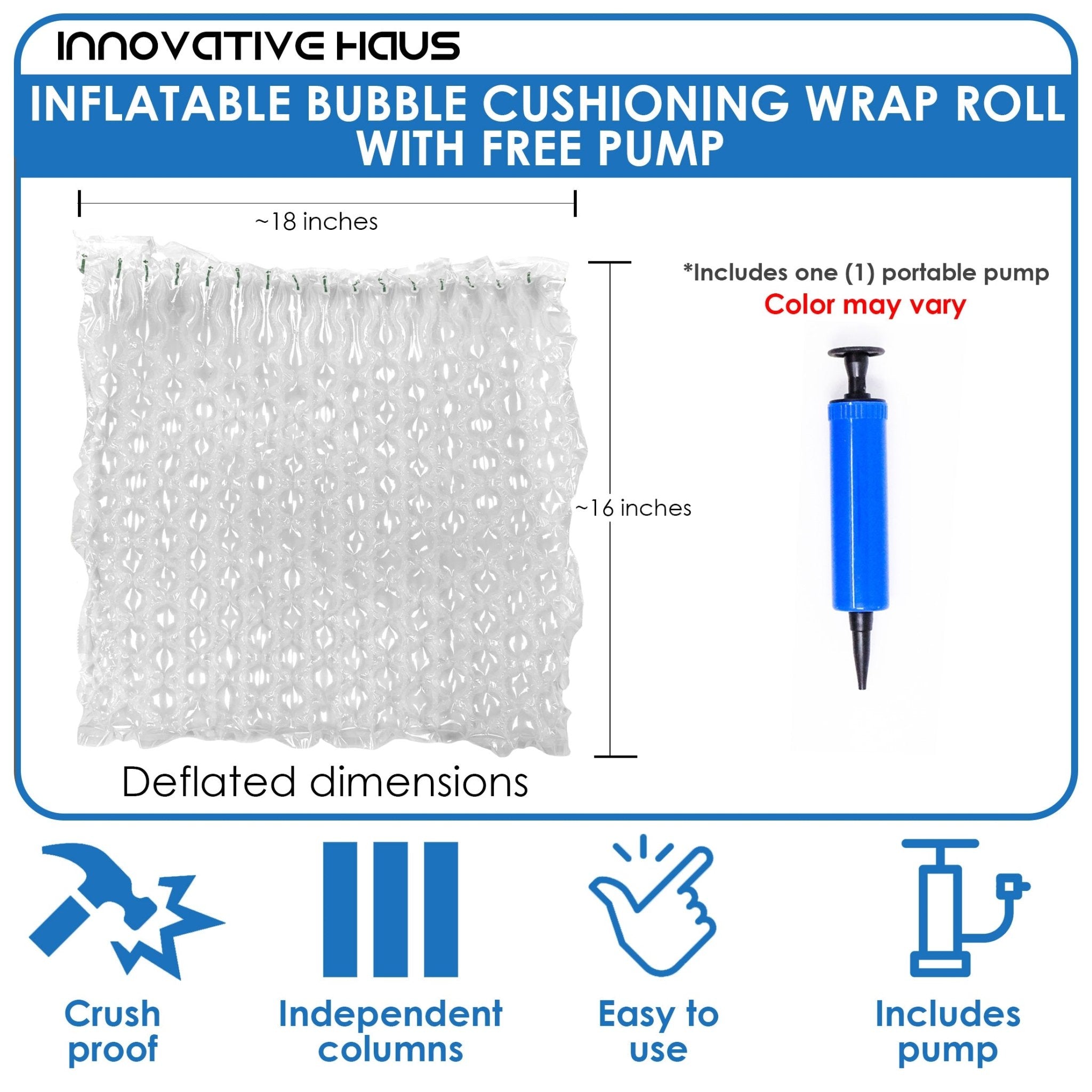 Inflatable Cushioning Wrap Roll with Hand Pump - Durable, Lightweight Packaging Protection - Perforated Every 19 Inches