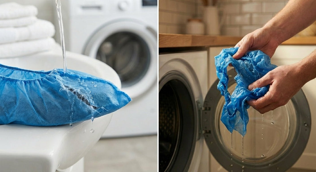 Split image of blue disposable shoe covers being rinsed under running water and held dripping in front of washing machine.