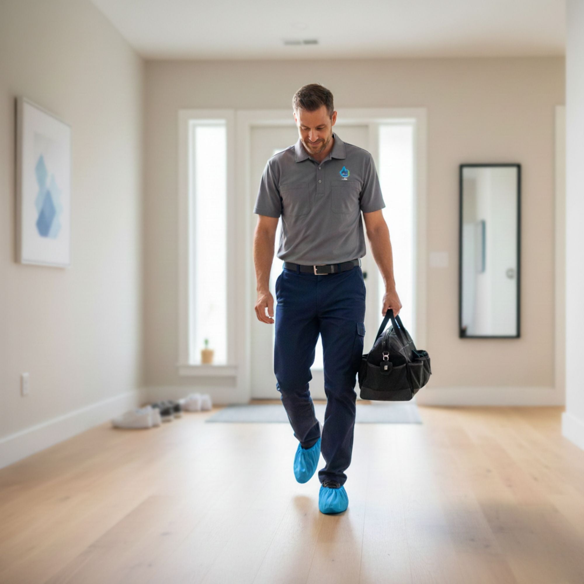 Service technician wearing blue disposable shoe covers walking into a clean modern home while carrying a black tool bag