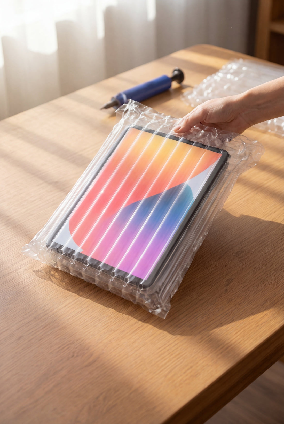 Alt text:
Tablet wrapped in transparent inflatable air packaging bag, held by a hand on a wooden table