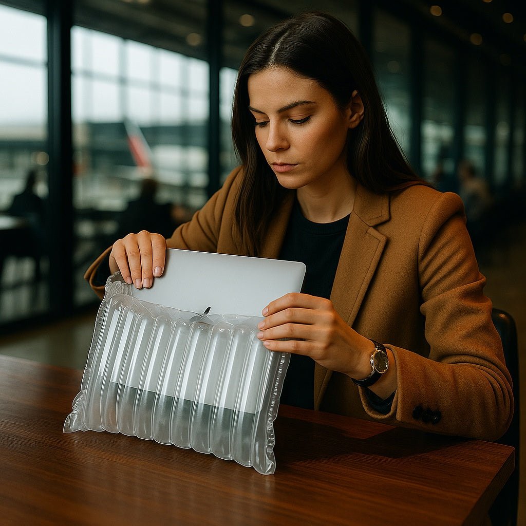 Woman at an airport lounge placing a laptop into a clear inflatable protective bag on a wooden table
