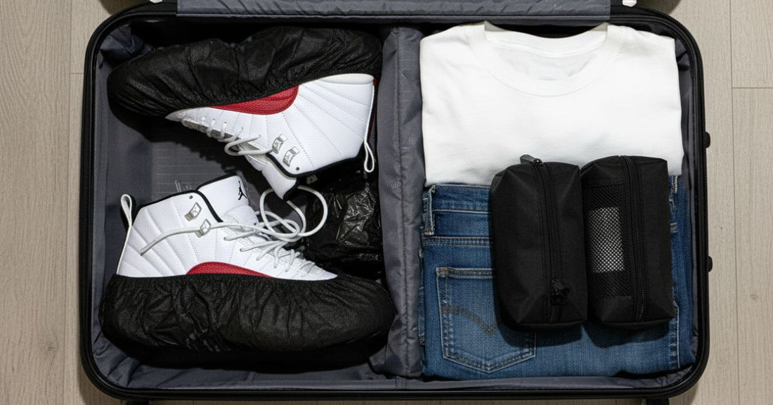 White and red sneakers packed in a suitcase with black disposable shoe covers protecting the soles.