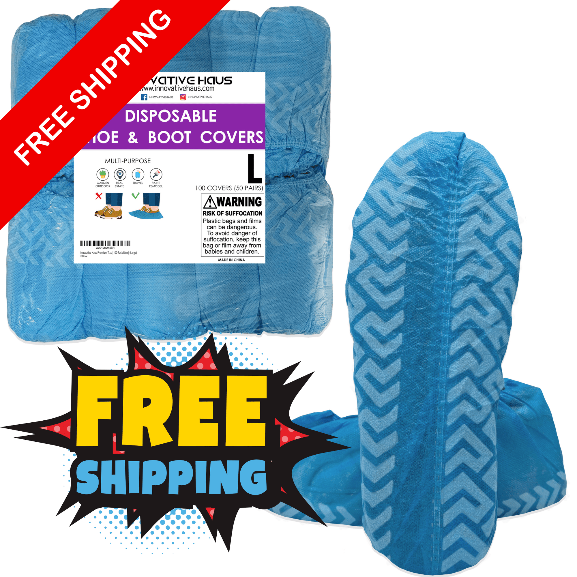 100 Pack Blue Disposable Shoe Covers - XL - Water Resistant