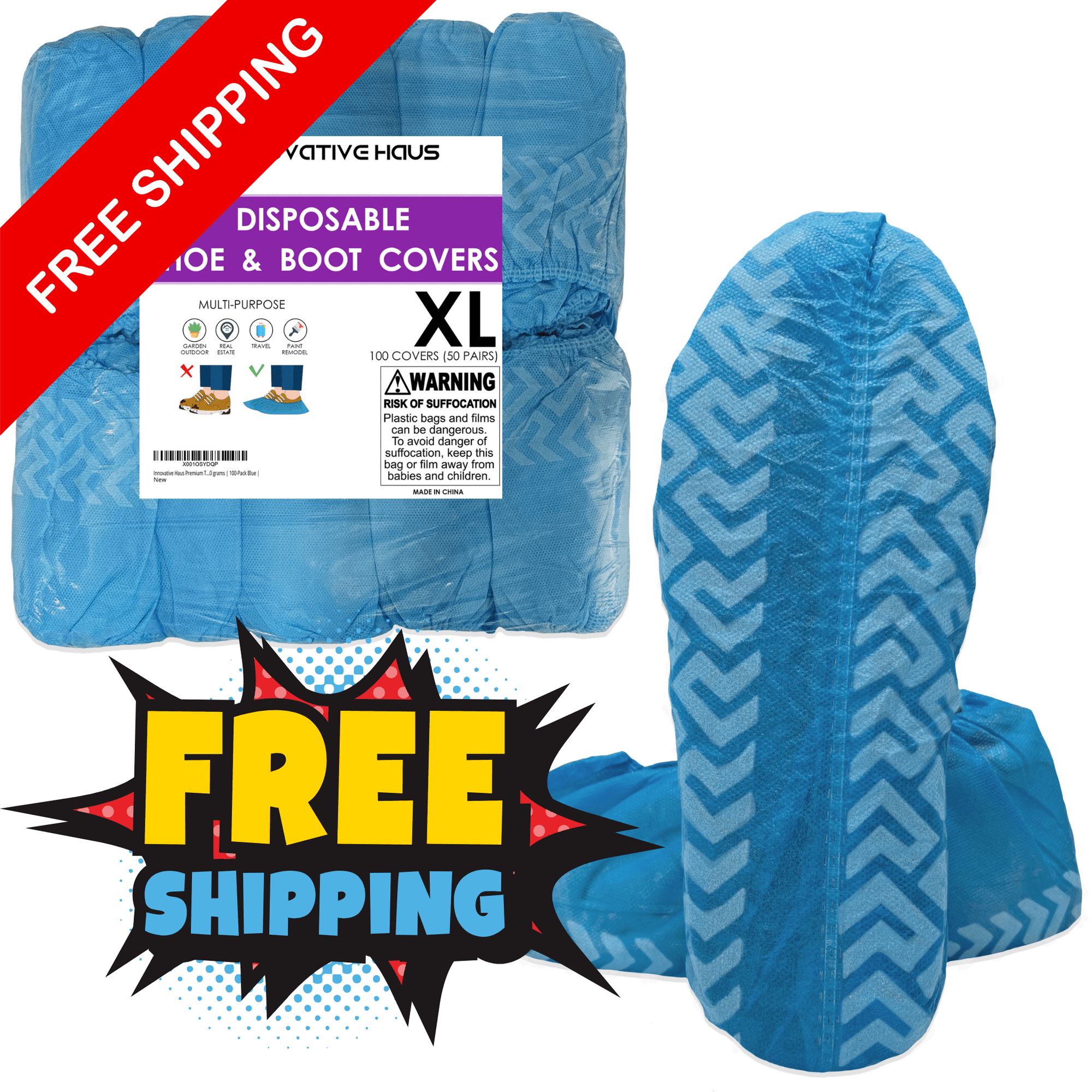 100 Pack Blue Disposable Shoe Covers - XL - Water Resistant