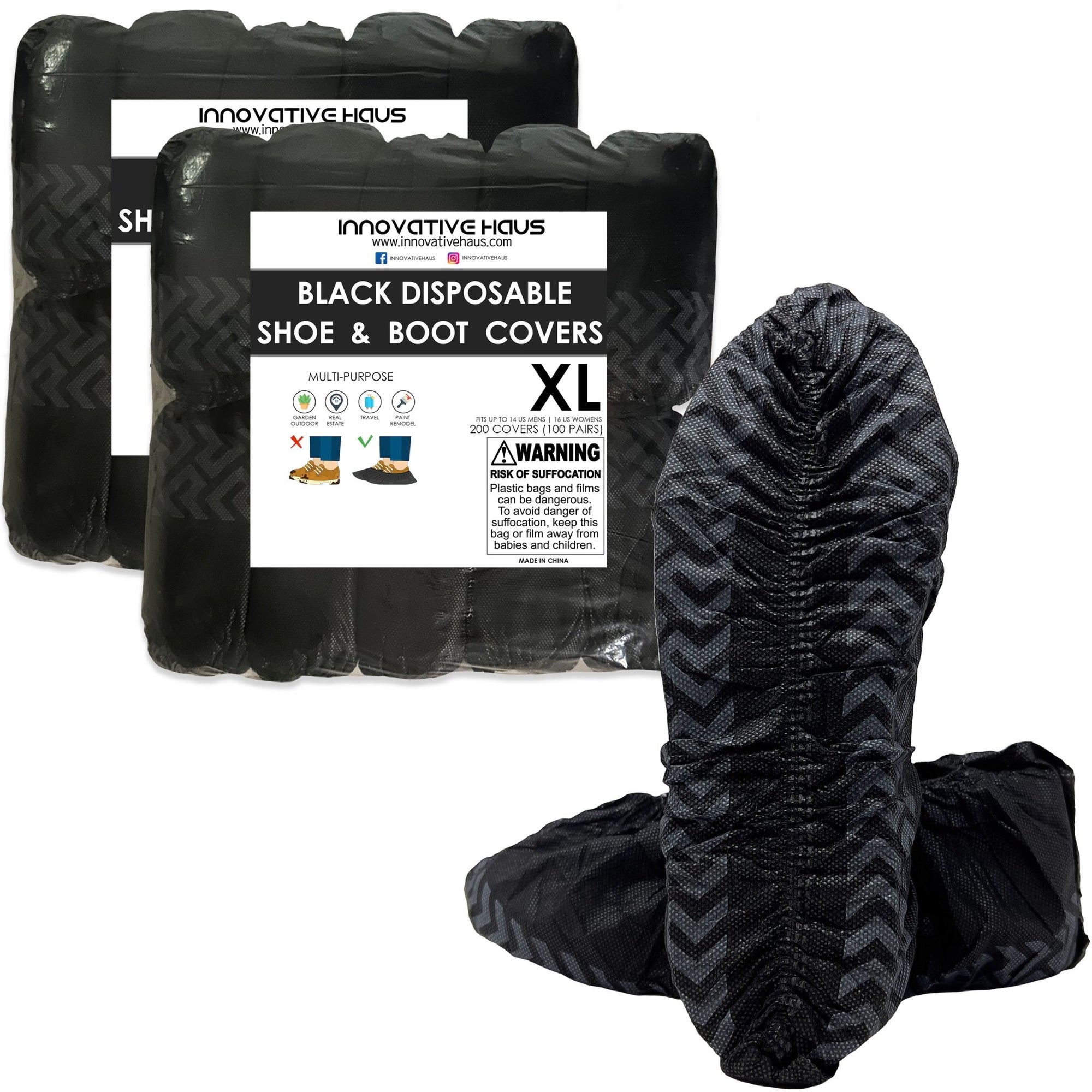 200 Pack Black Disposable Shoe Covers - XL - Water Resistant