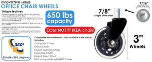 4 Pack 3 Inch Universal Fit Office Chair Wheels - Heavy Duty, Floor-Safe - Set of 5