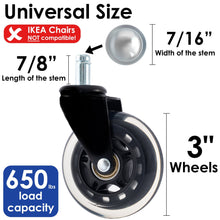 Load image into Gallery viewer, 4 Pack 3 Inch Universal Fit Office Chair Wheels - Heavy Duty, Floor-Safe - Set of 5
