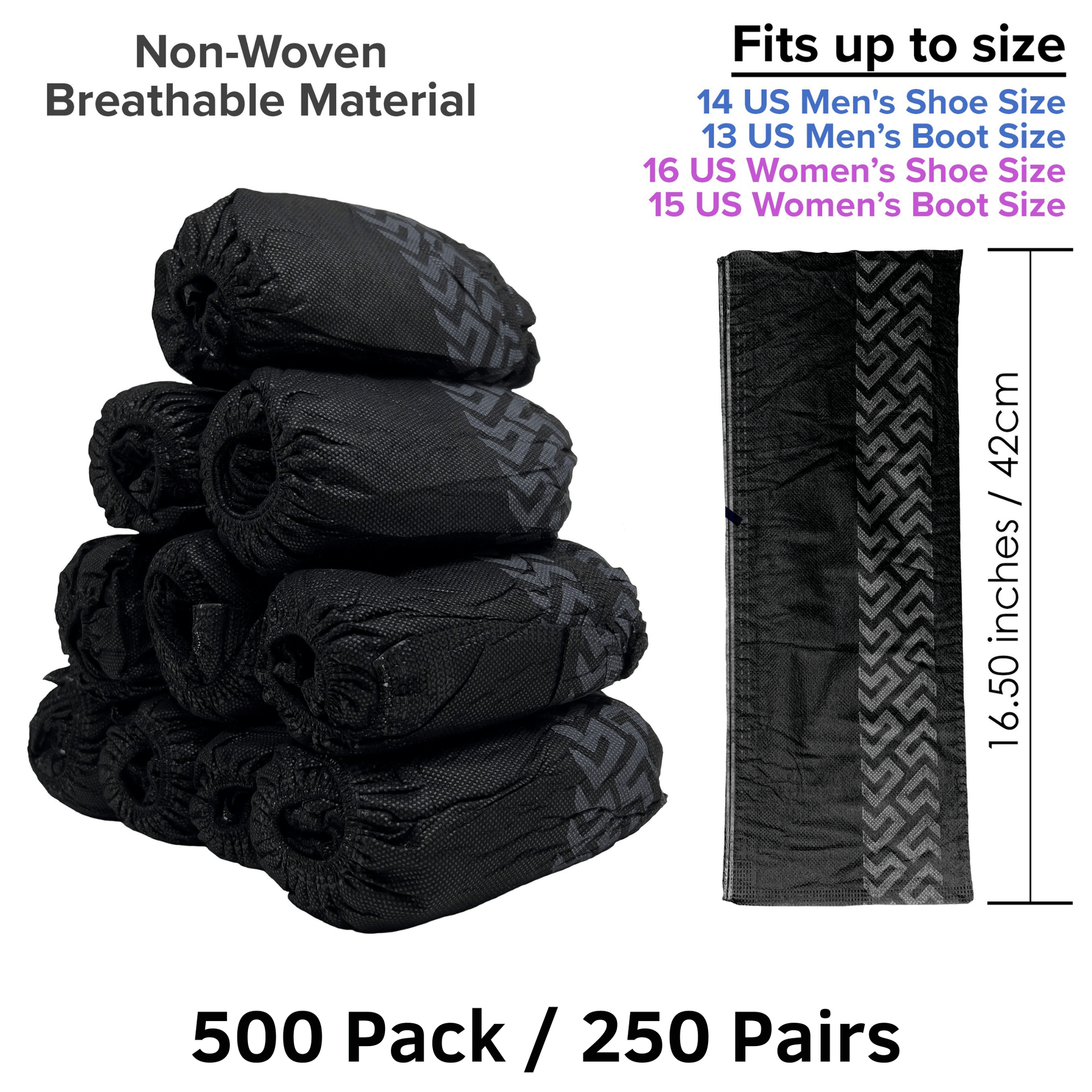 500 Pack Black Disposable Shoe Covers - XL - Water Resistant