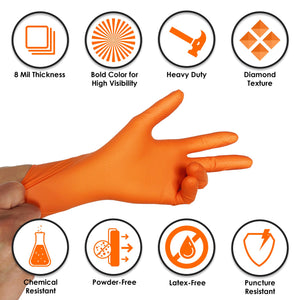 Nitrile Gloves with Diamond Texture - 8 Mil - Large - Orange