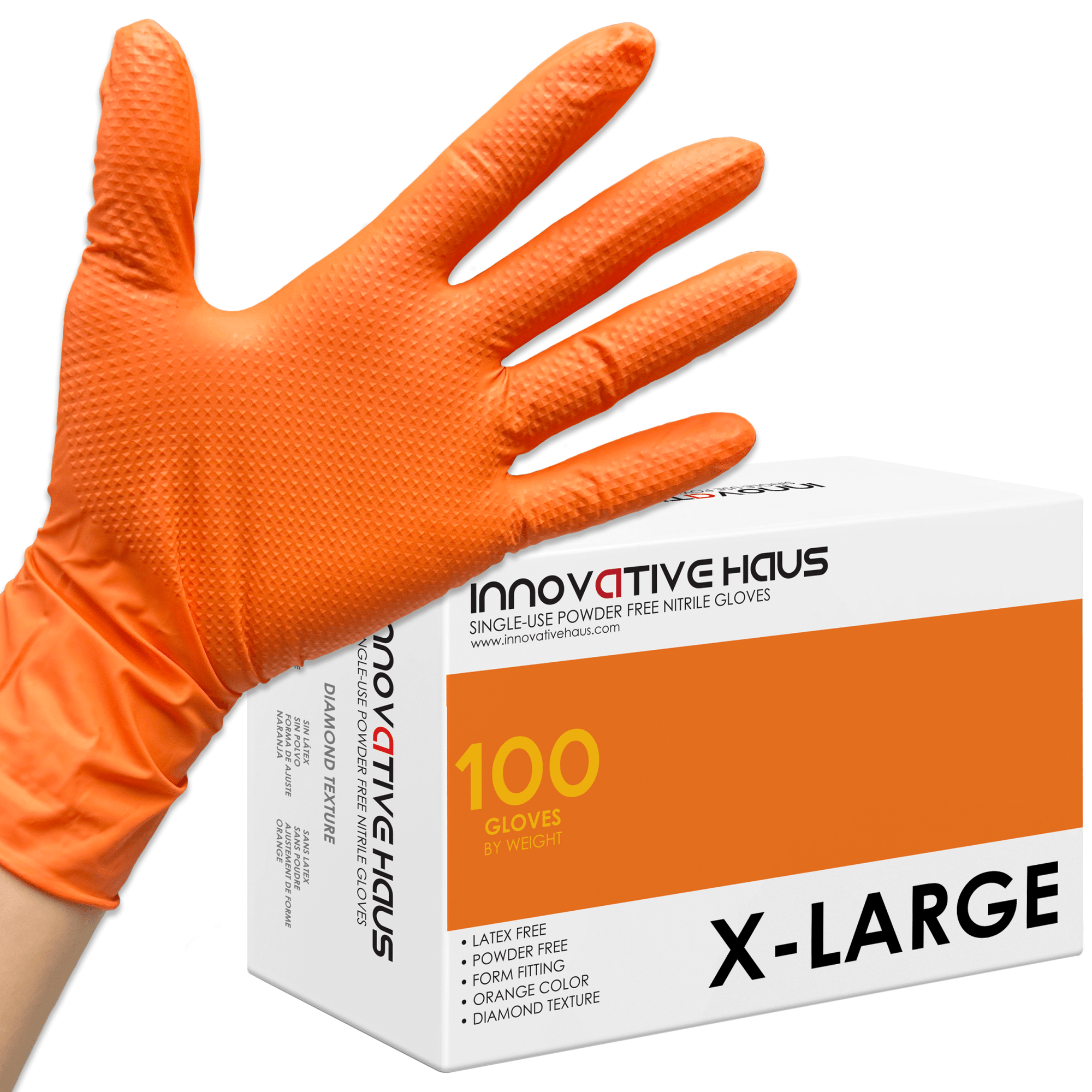Nitrile Gloves with Diamond Texture - 8 Mil - Large - Orange