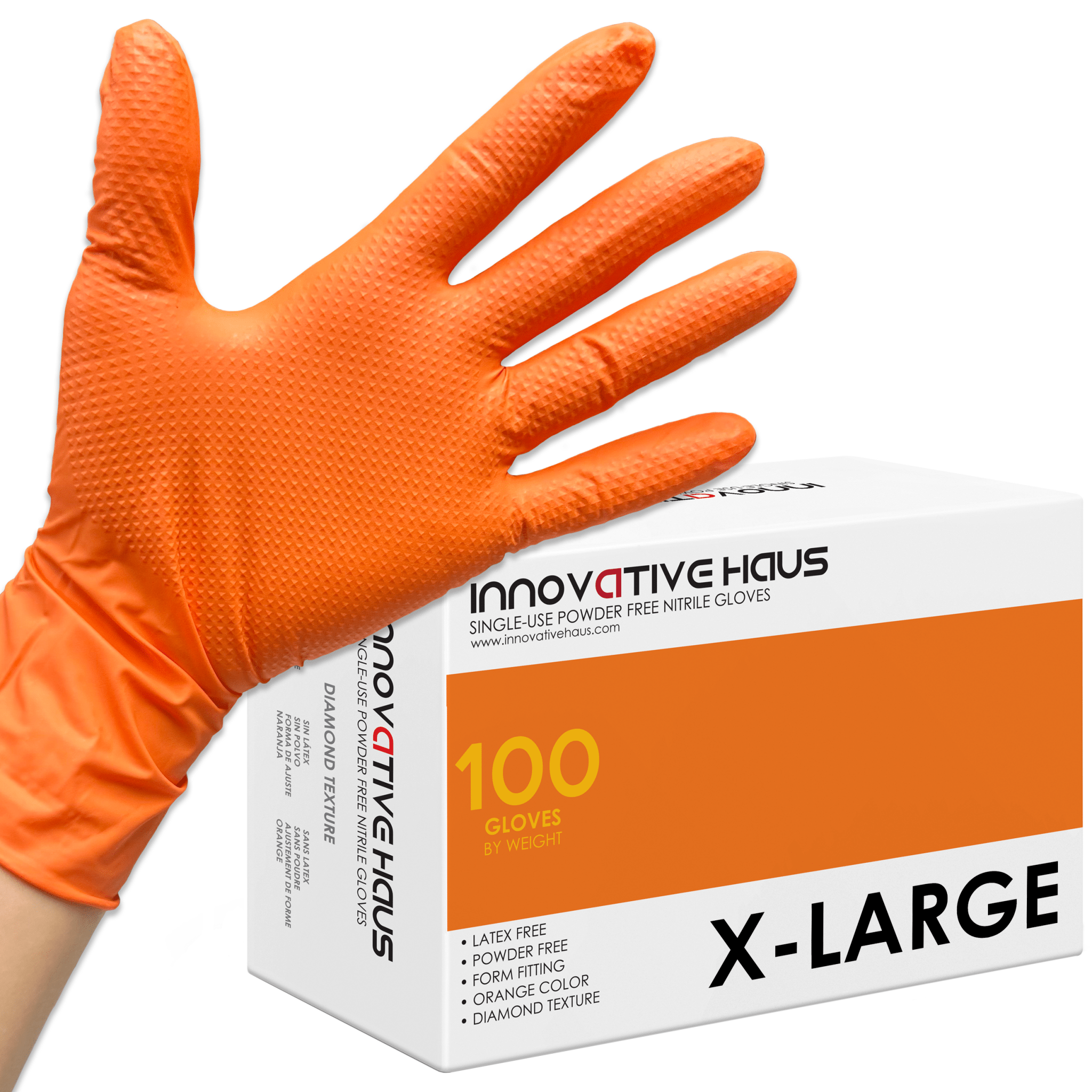 Nitrile Gloves with Diamond Texture - 8 Mil - Large - Orange