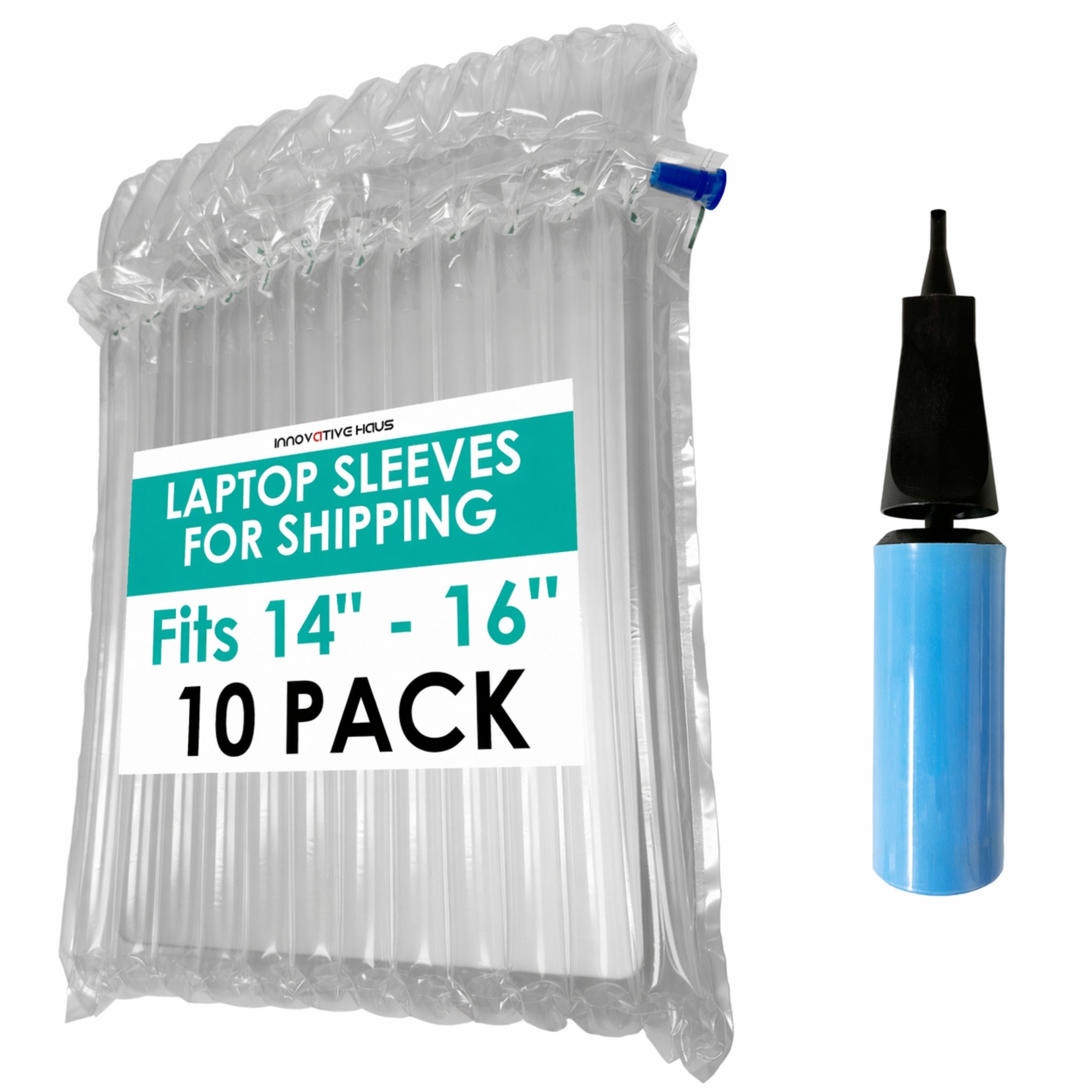 Pack of inflatable laptop sleeves for shipping with a pump on a white background