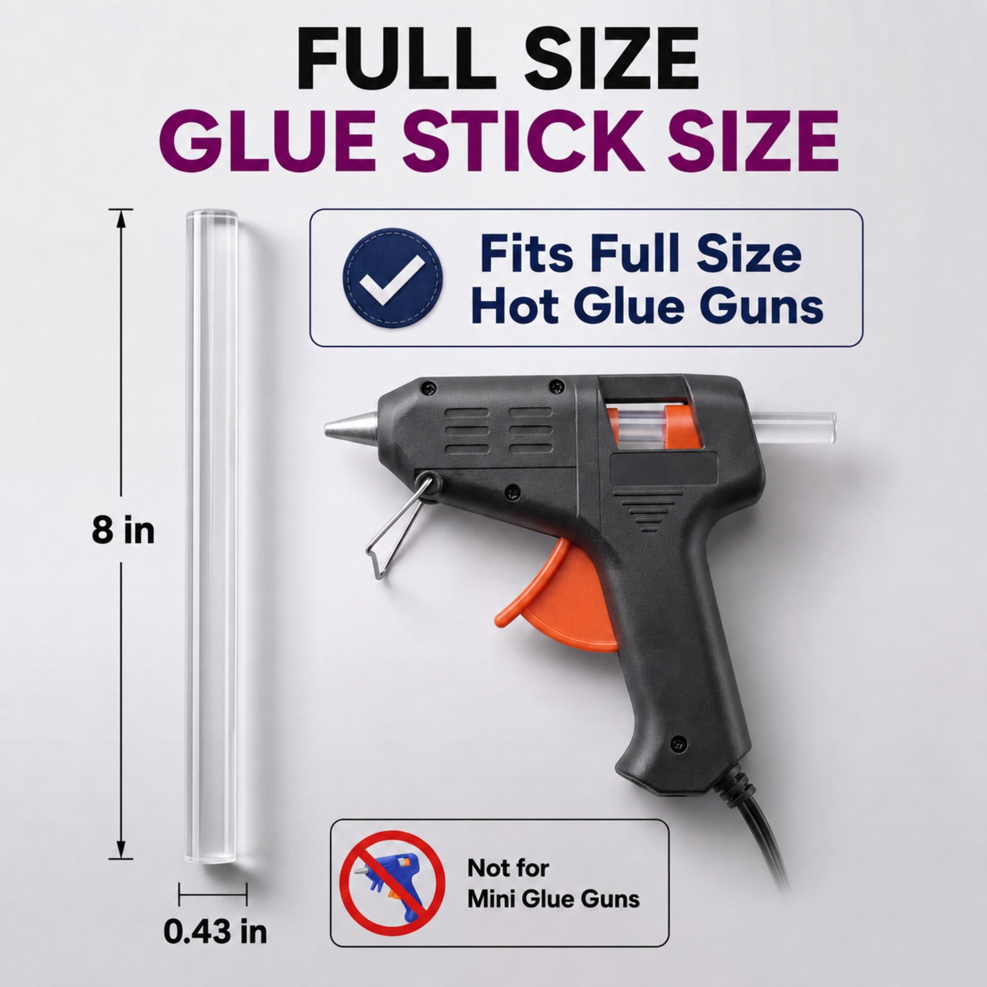 Hot glue gun with glue stick and size measurement on a white background