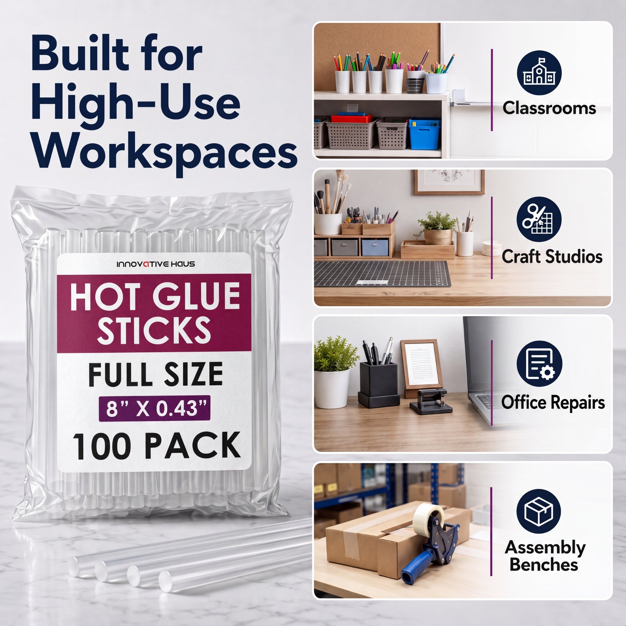 Packaging of hot glue sticks with usage scenarios in classrooms, craft studios, office repairs, and assembly benches.