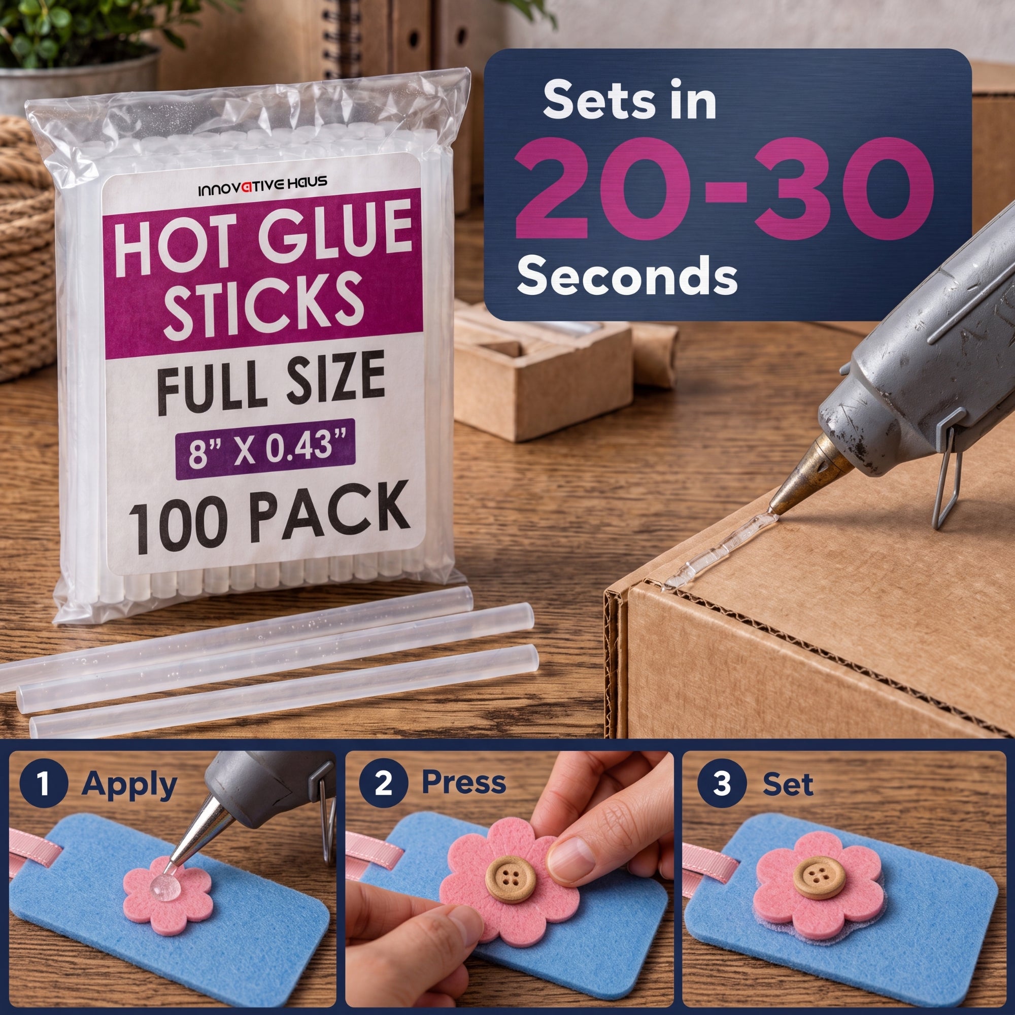 Hot glue sticks packaging with a glue gun and application examples on a wooden surface.