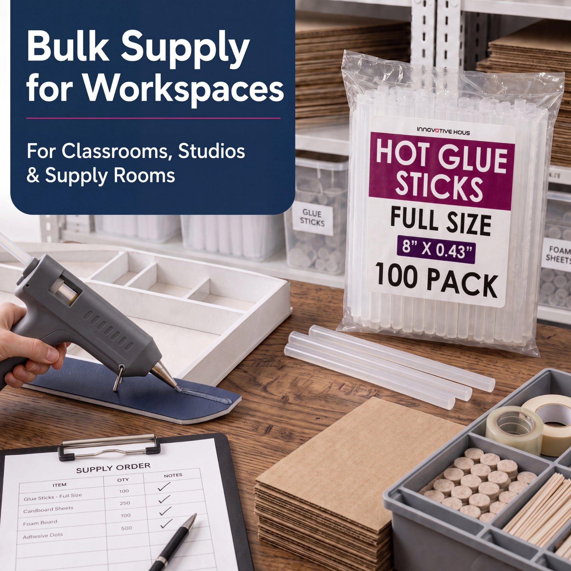 Hot glue gun and packaging with text 'Hot Glue Sticks Full Size 100 Pack' on a workbench.