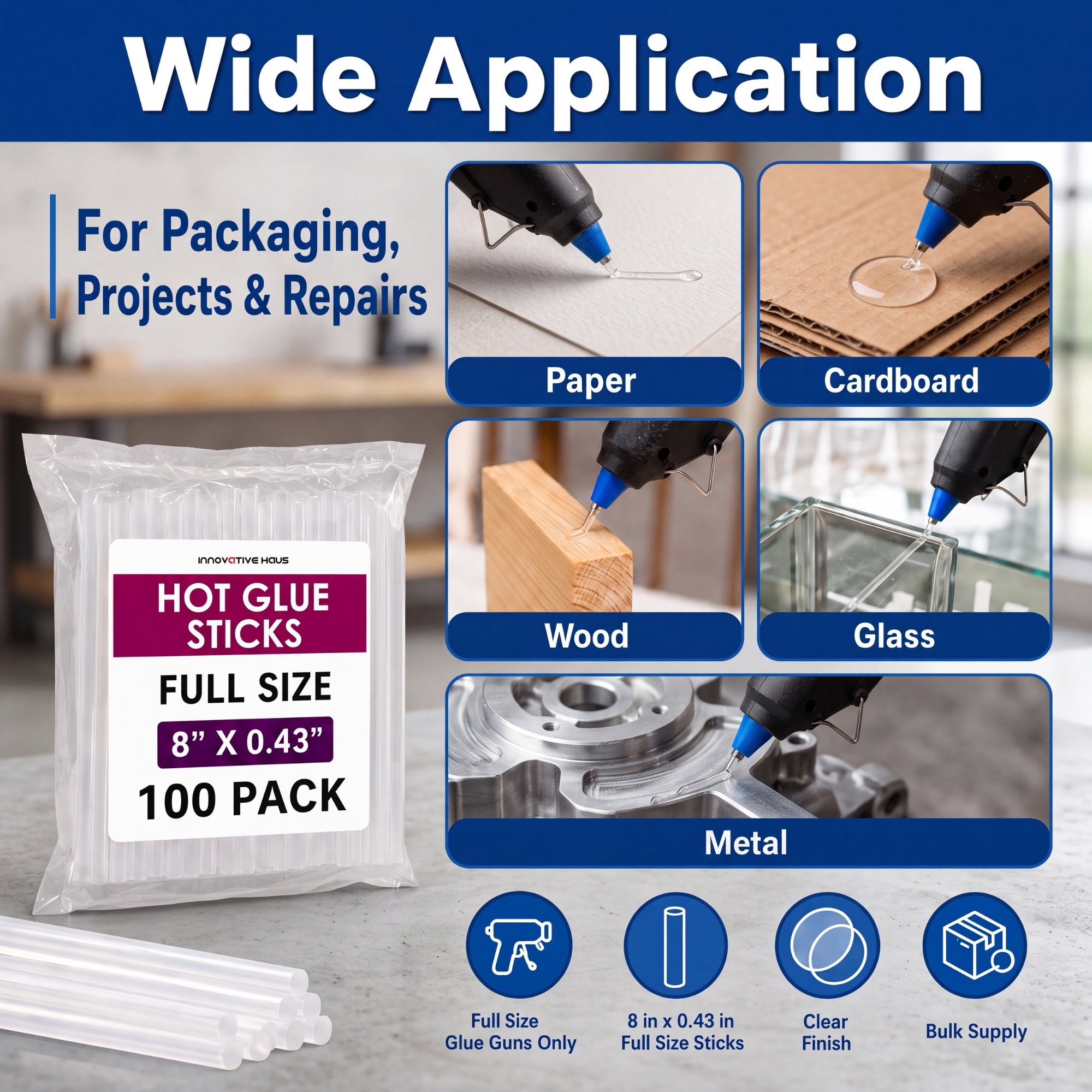 Hot glue sticks packaging with application examples on a gray surface