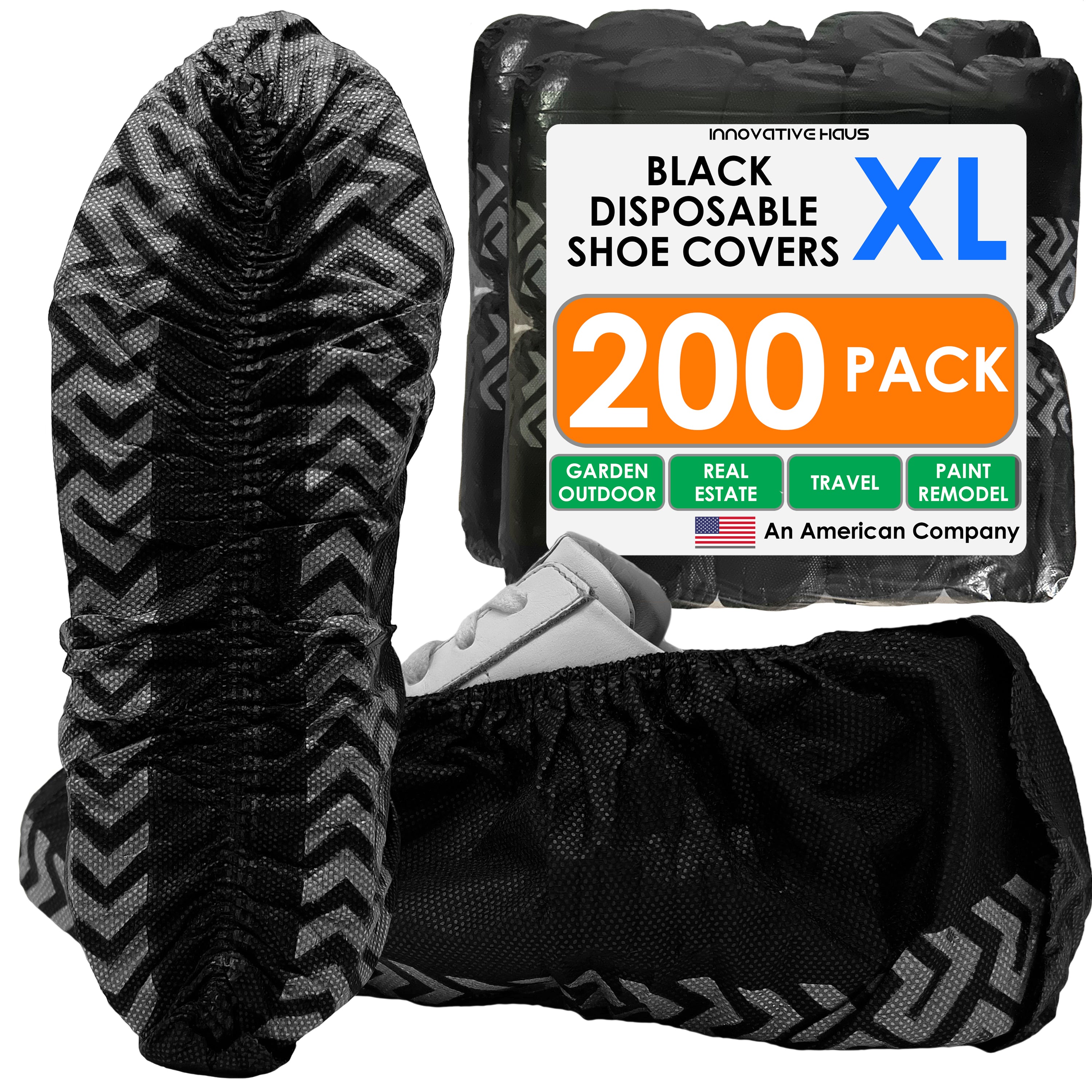 Black disposable shoe covers with packaging labeled '200 Pack' on a white background