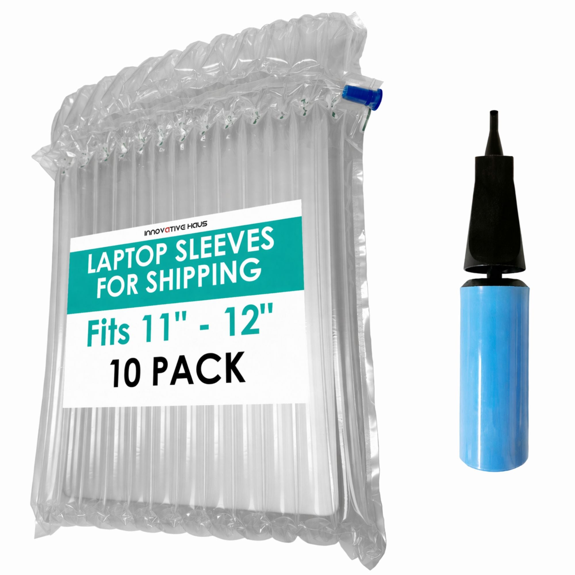 Pack of inflatable laptop sleeves for shipping with an inflation tool on a white background