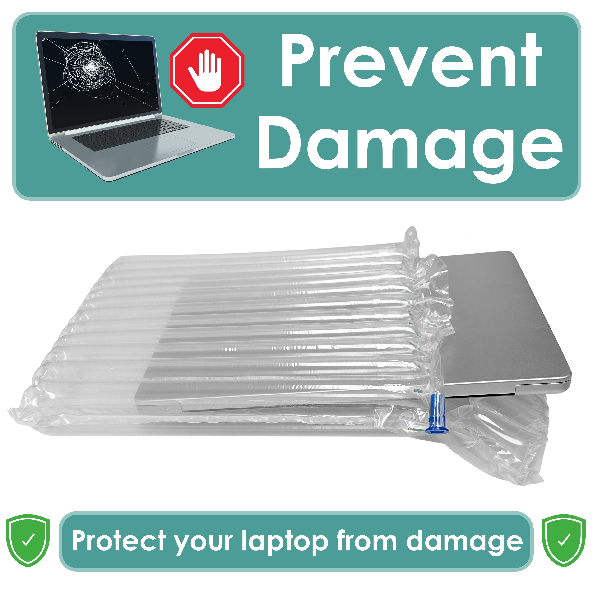 Laptop with air bubble bag and text 'Prevent Damage' on a white background