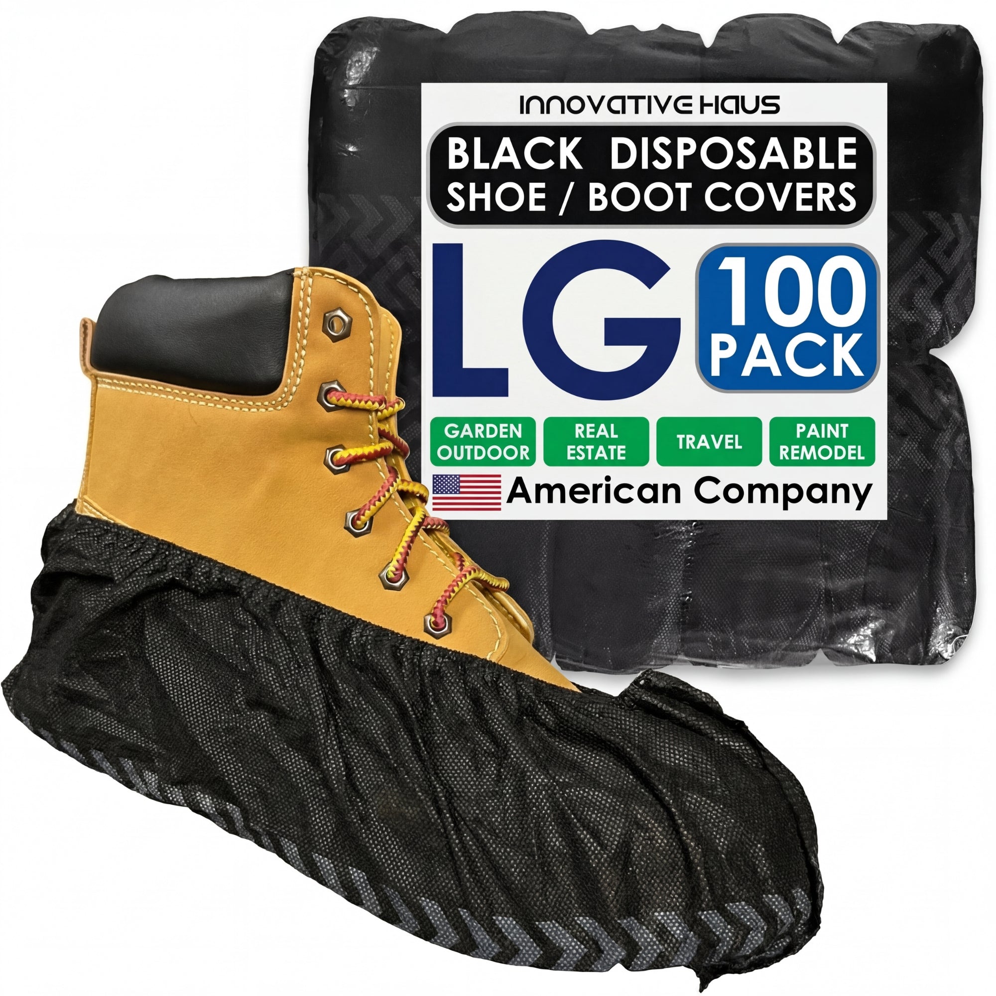 Black disposable shoe/boot covers with a boot sample and packaging labeled 'Innovative Haus' on a white background.