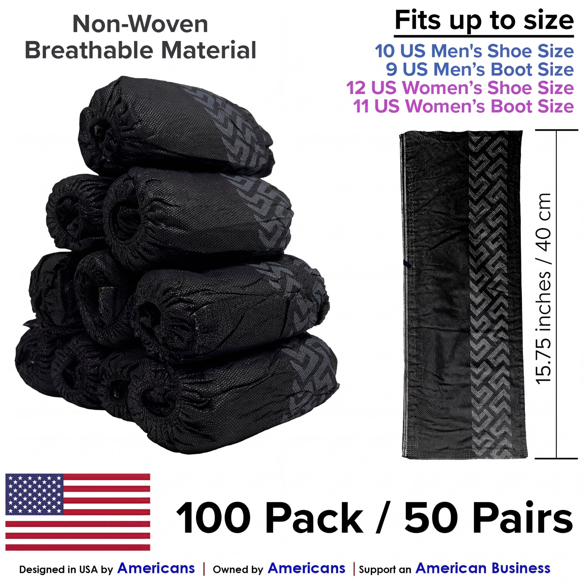 Black shoe covers with size chart and product details on a white background