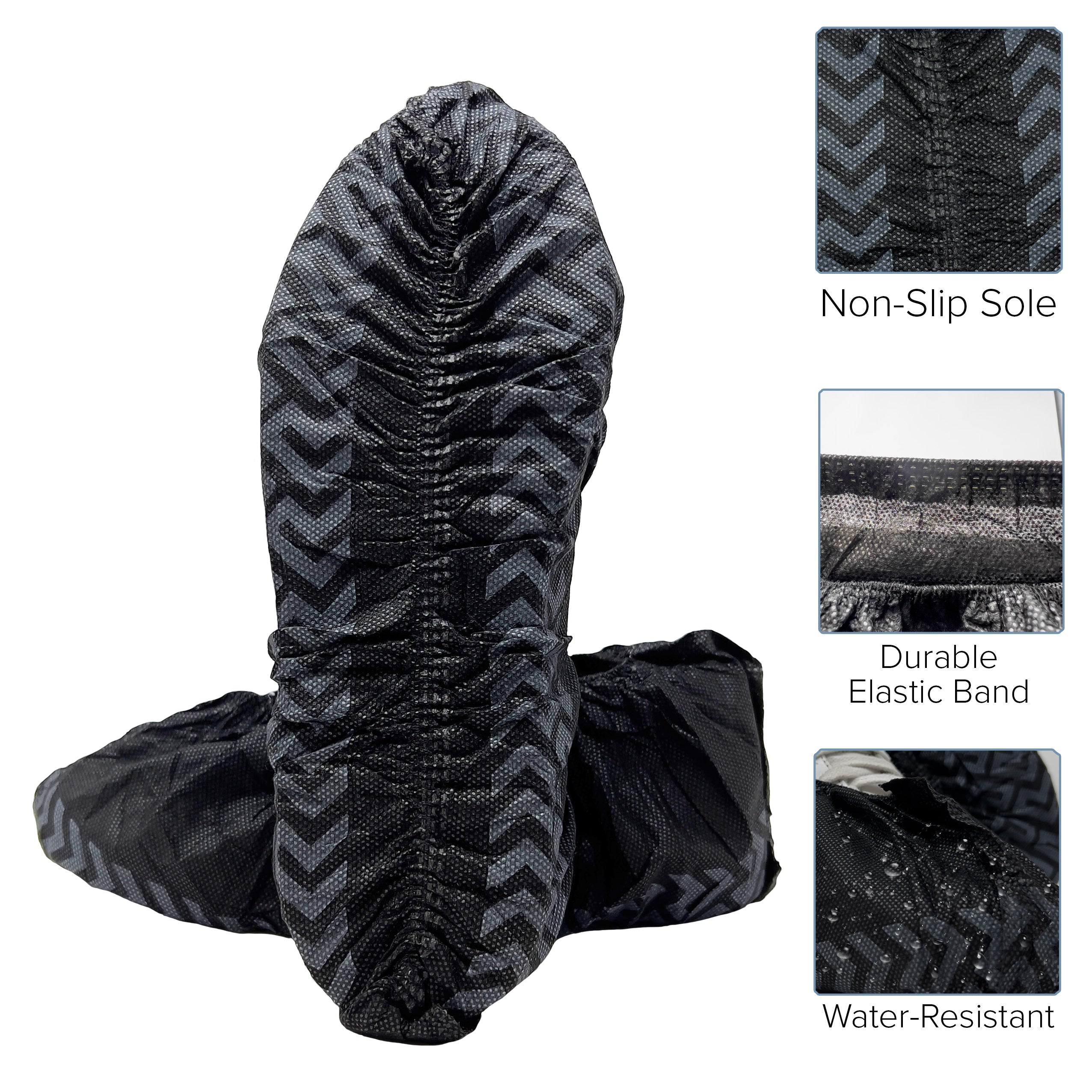 Black disposable shoe covers with features highlighted on a white background