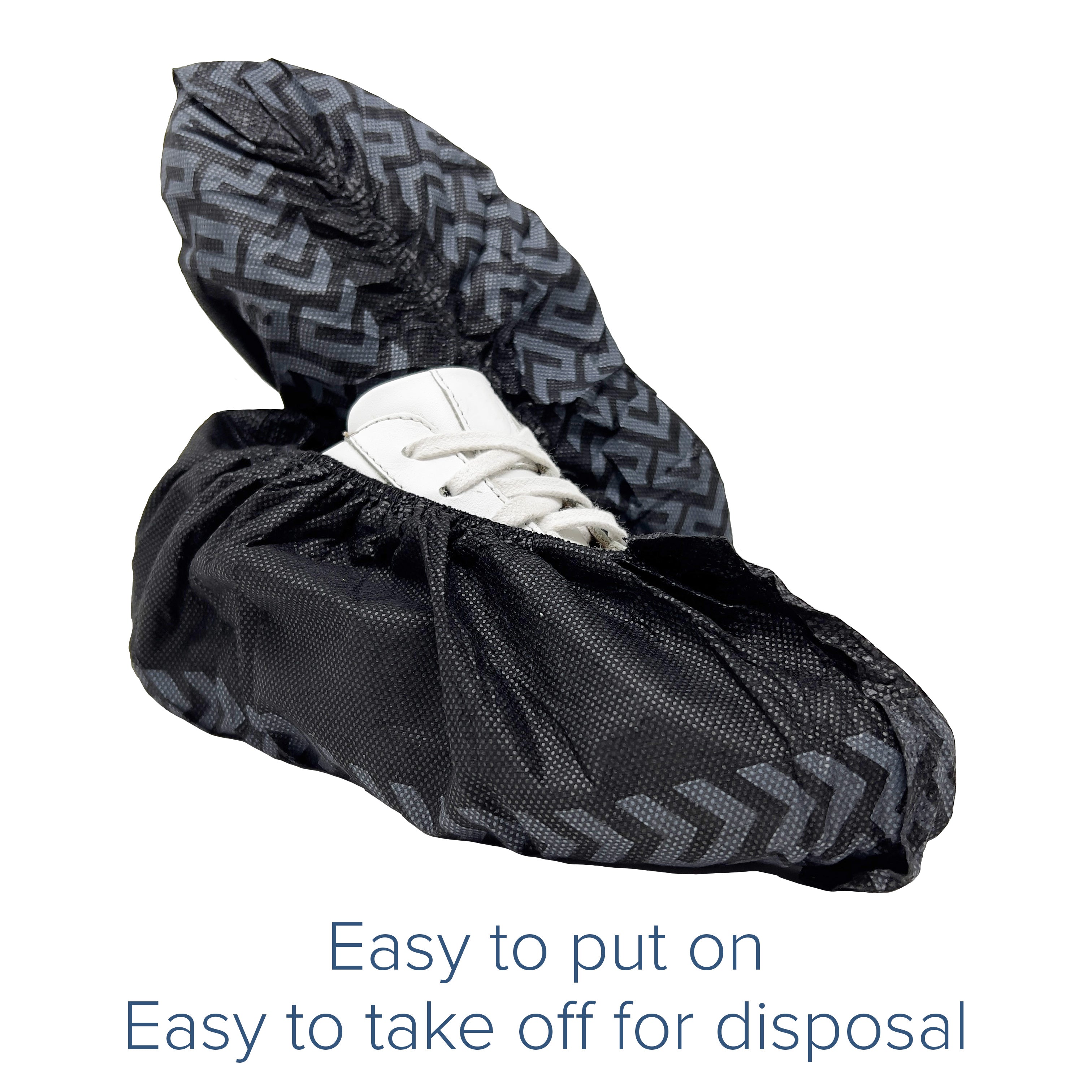 Black shoe cover with text 'Easy to put on, Easy to take off for disposal' on a white background