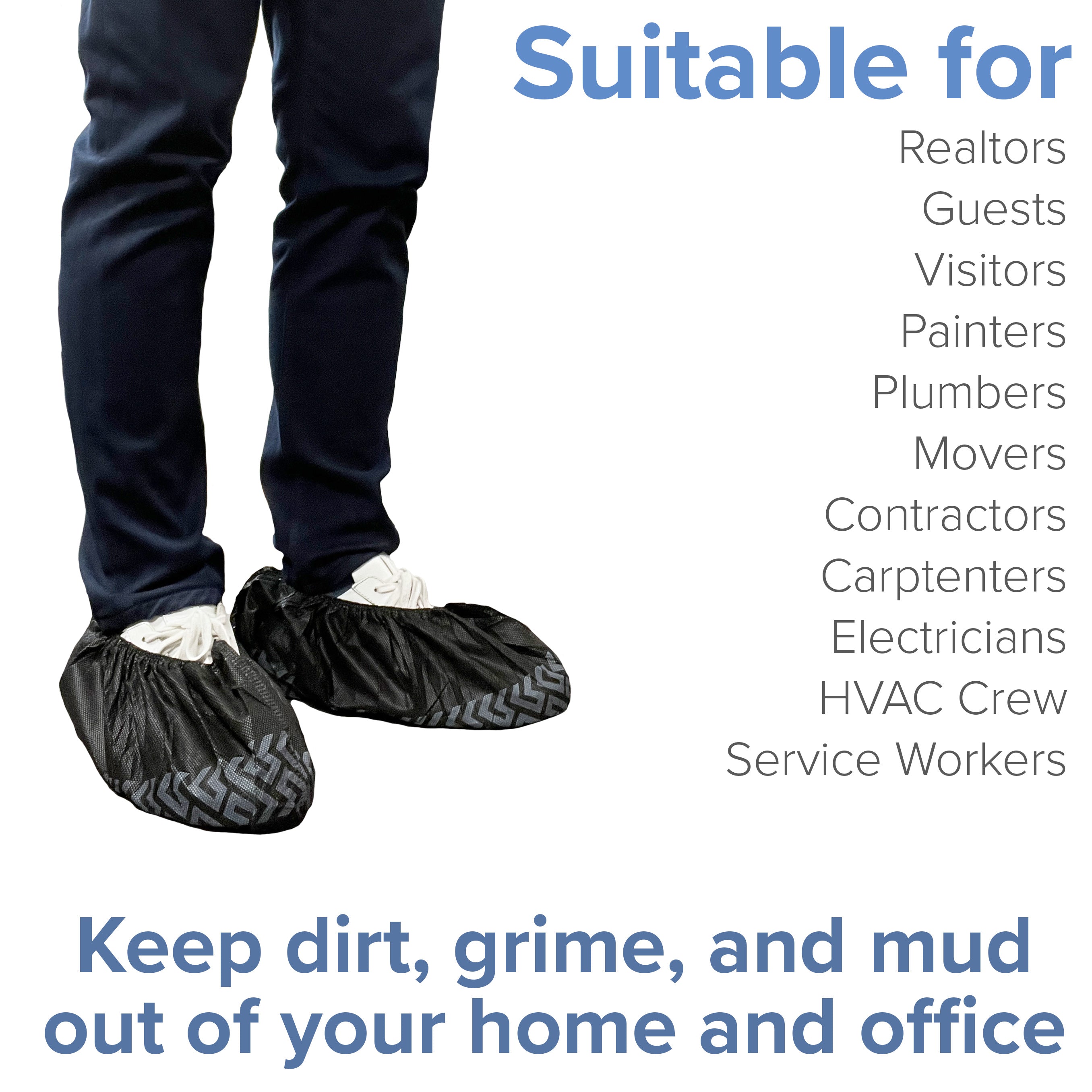 Black shoe covers being worn with text listing suitable professions and benefits.