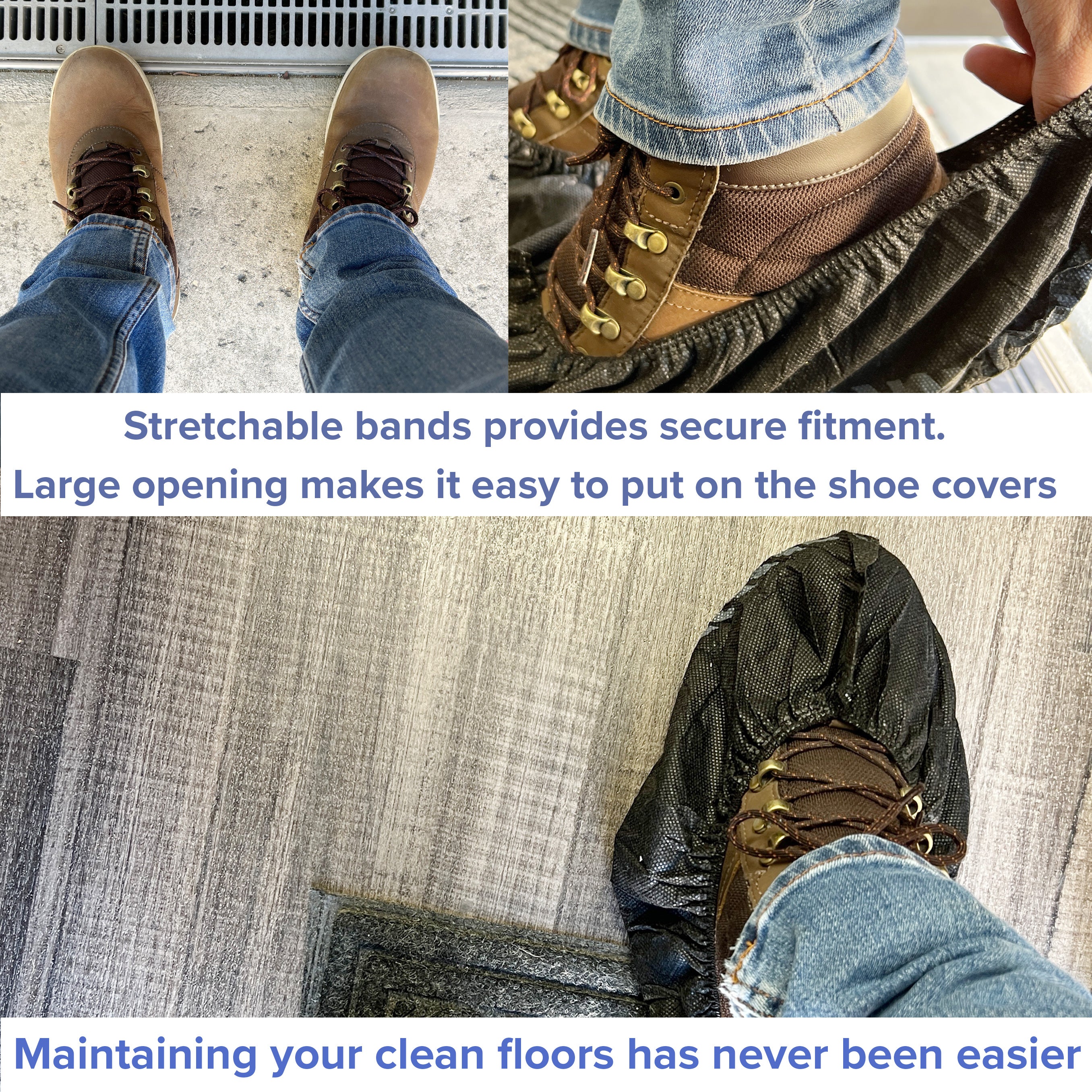 Person wearing brown work boots with blue jeans, showing a close-up of the boot and text about disposable shoe covers.