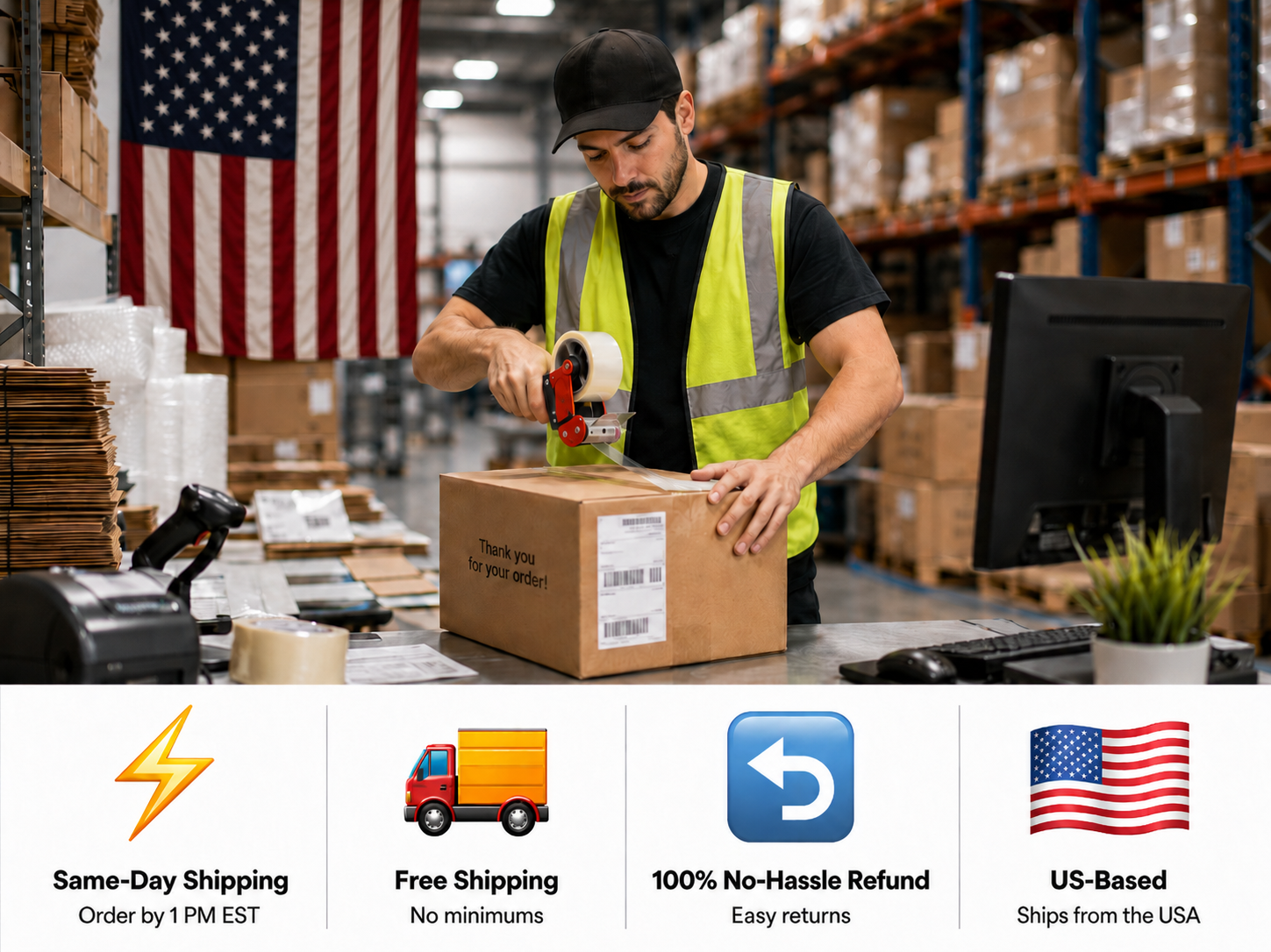 Worker packaging a box in a warehouse with shipping icons and text below.