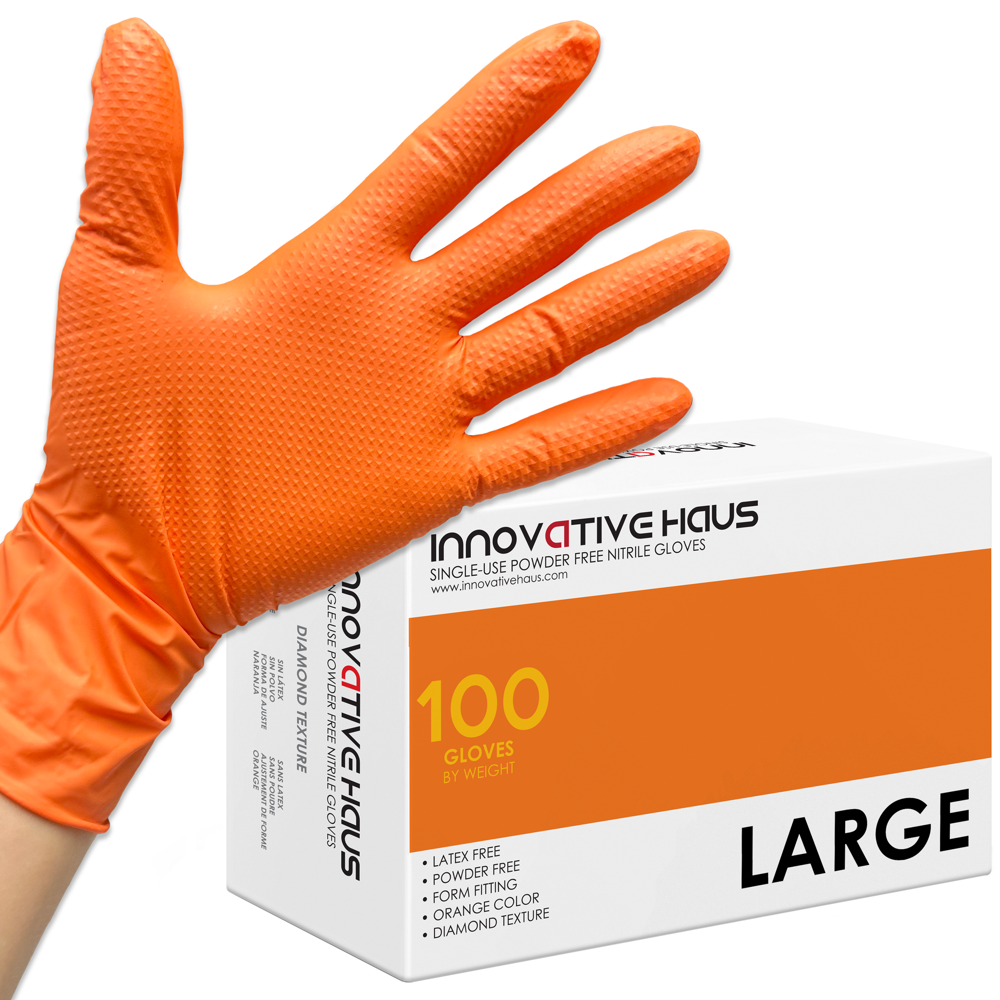 8 Mil Orange Nitrile Gloves with Diamond Texture - High Visibility