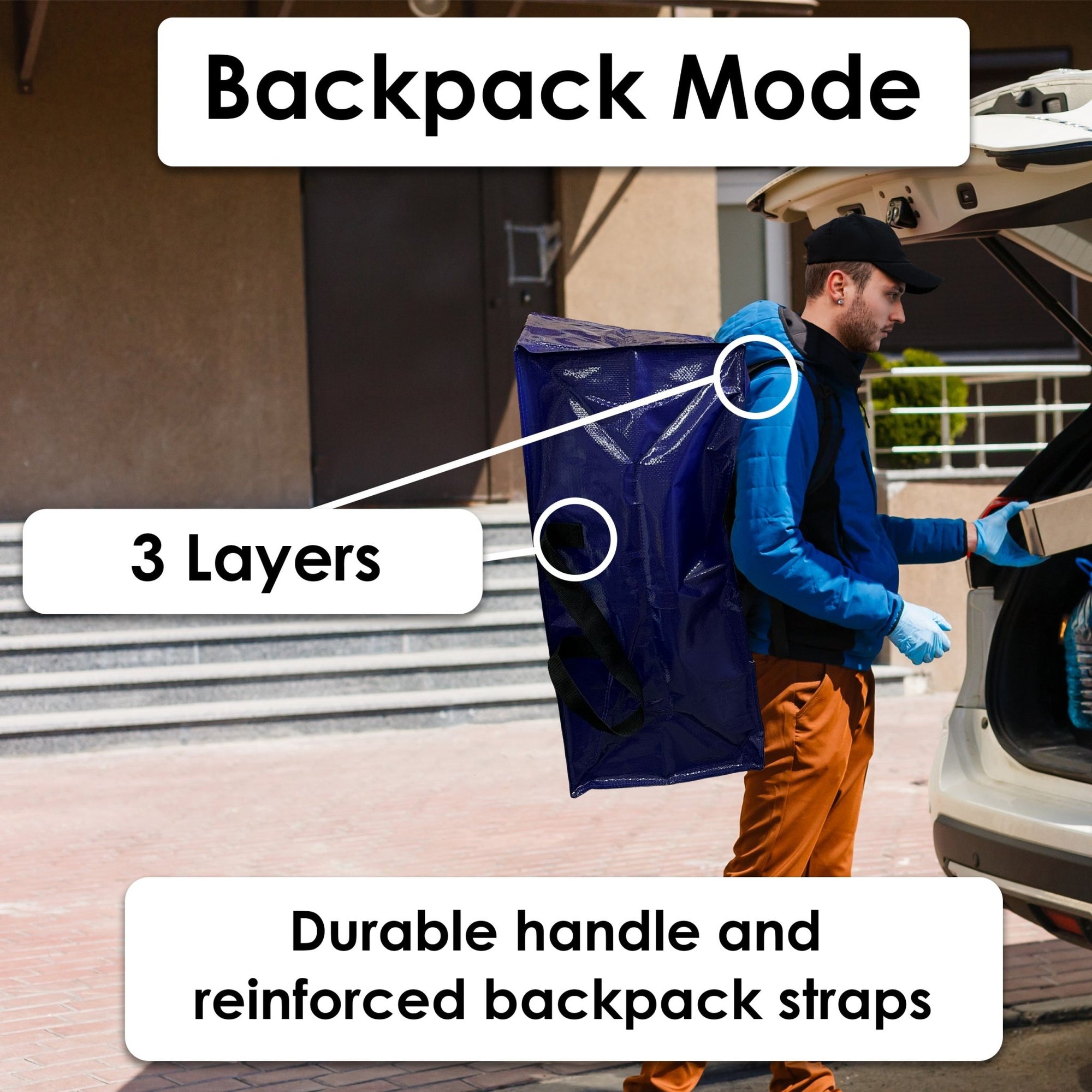 Heavy Duty Bags for Moving with Backpack Straps - Dual Zippers - Blue
