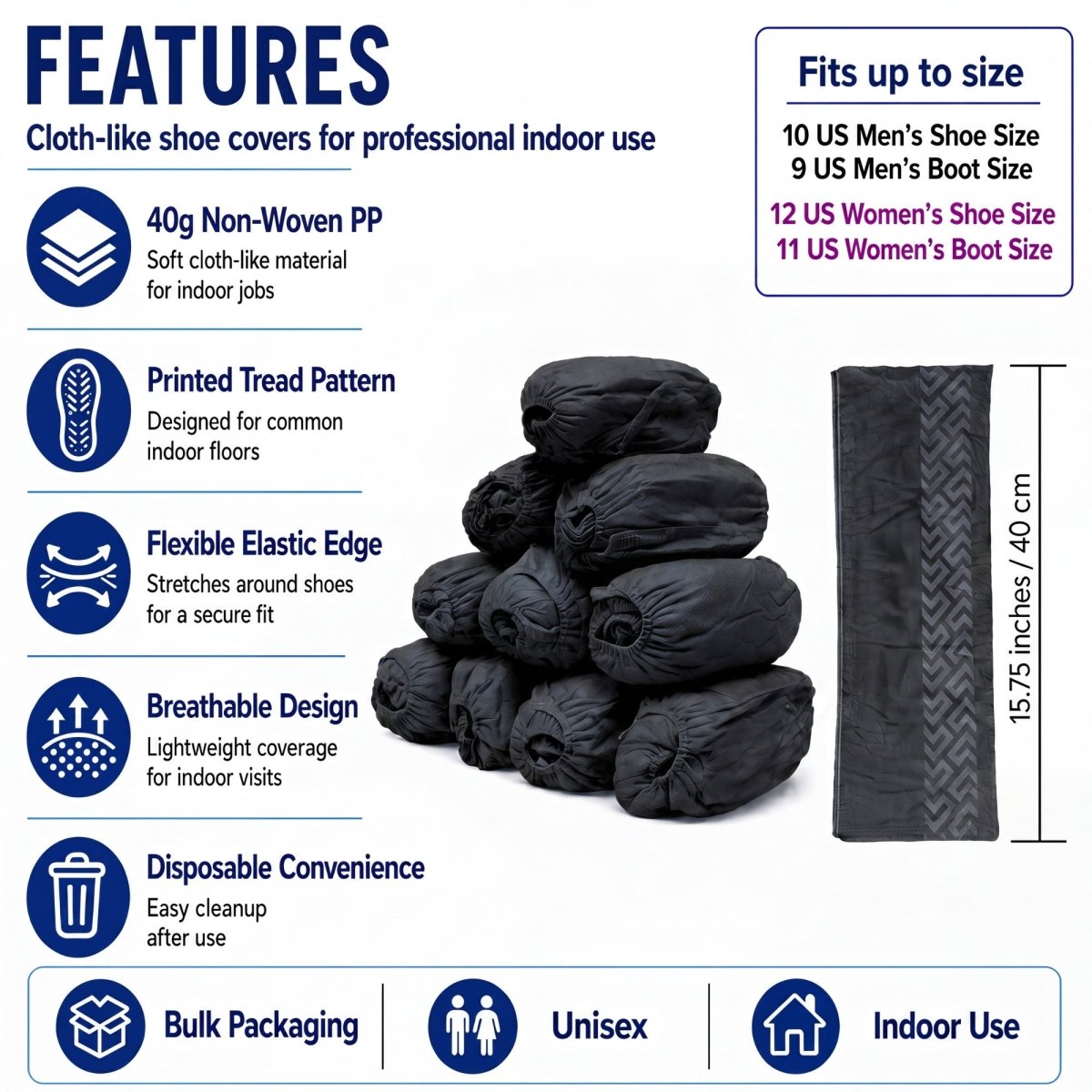Disposable Shoe Covers - Water Resistant - LARGE- Black - 100 Pack