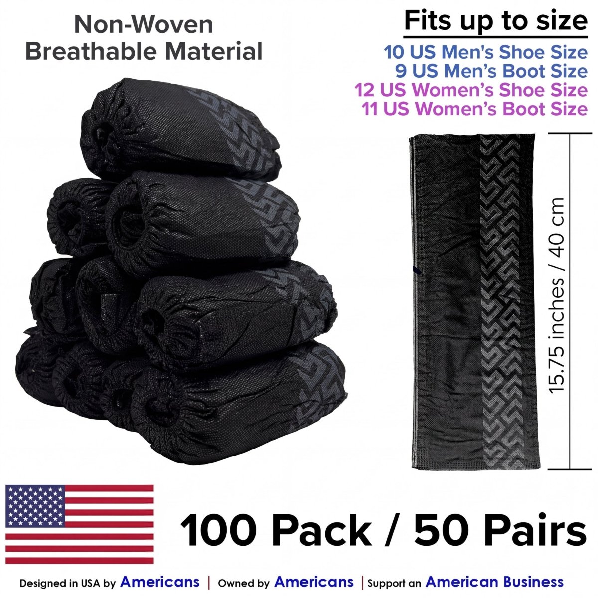 Disposable Shoe Covers - Water Resistant - LARGE- Black - 100 Pack