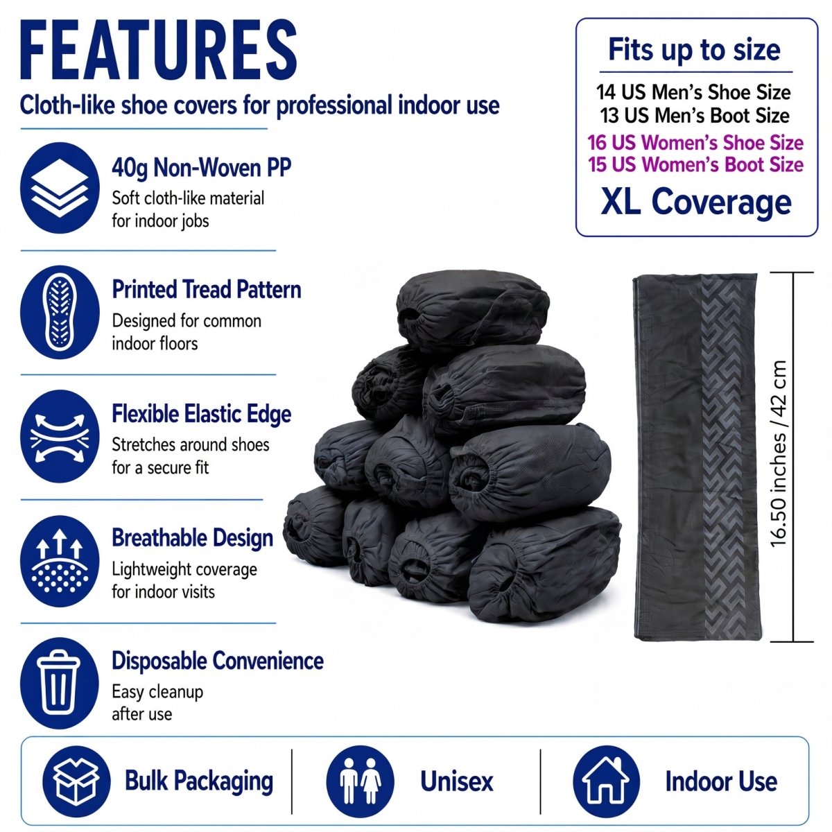 Disposable Shoe Covers - Water Resistant - XL - Black - 100 Pack