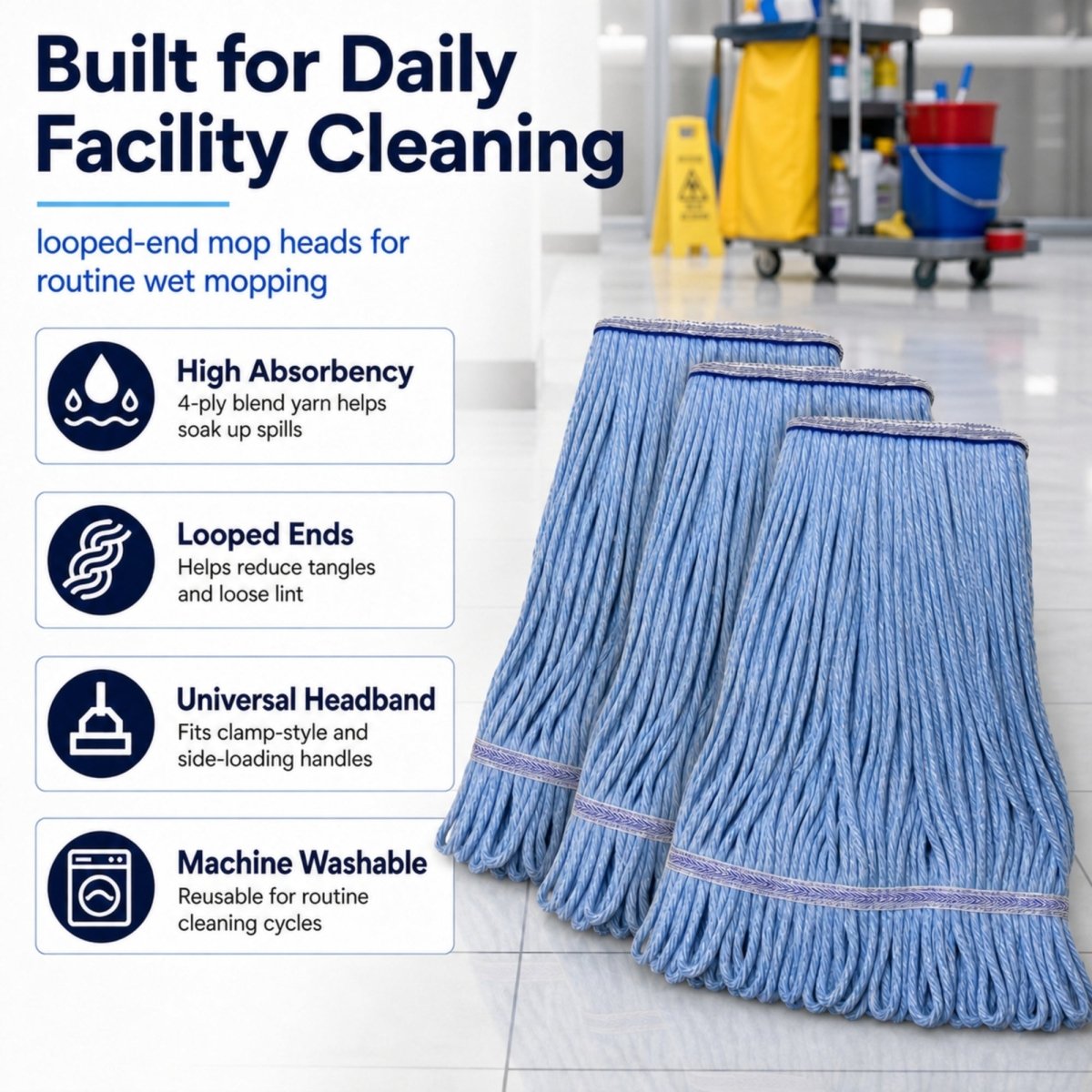 Mop Heads - Cleaning Products - Synthetic Cotton - Looped End - 16 oz - Blue