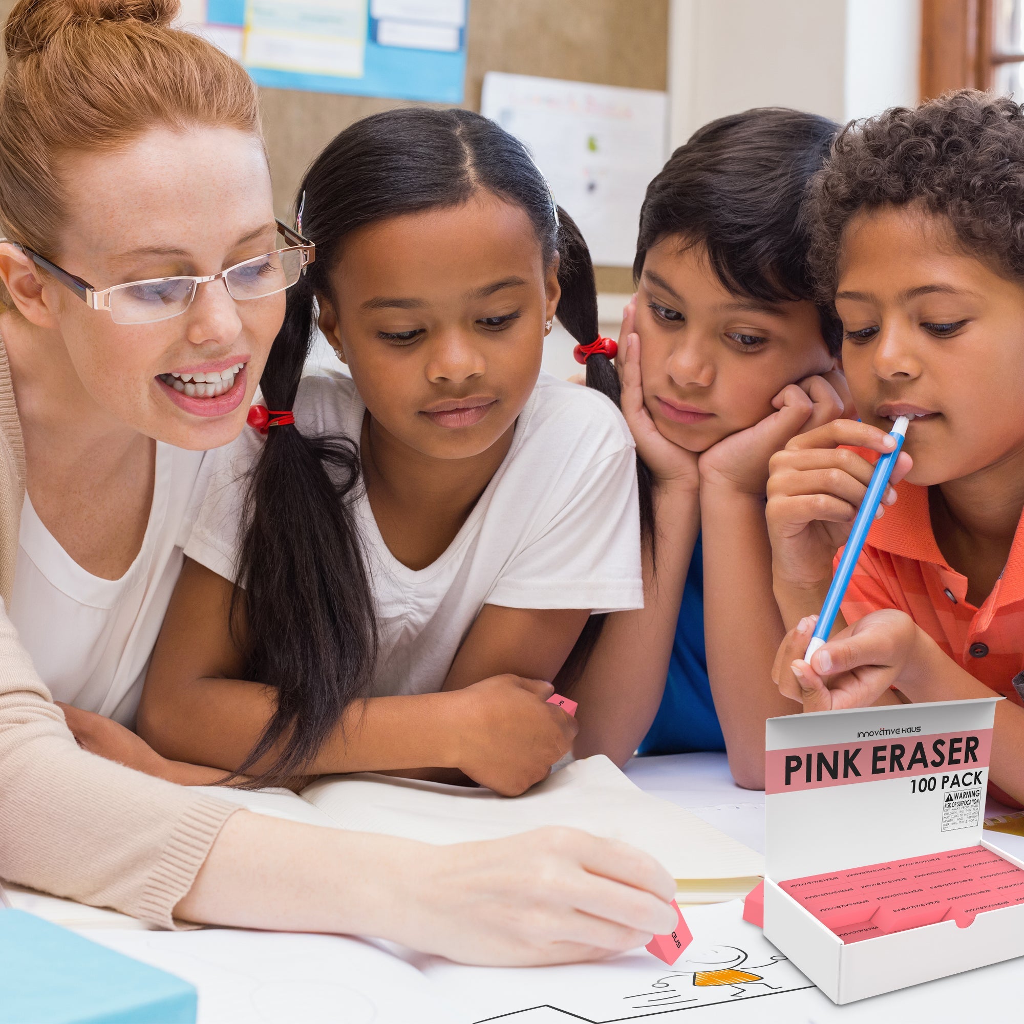 Pencil Erasers - Latex Free Large Size - Pink - 100 Pack