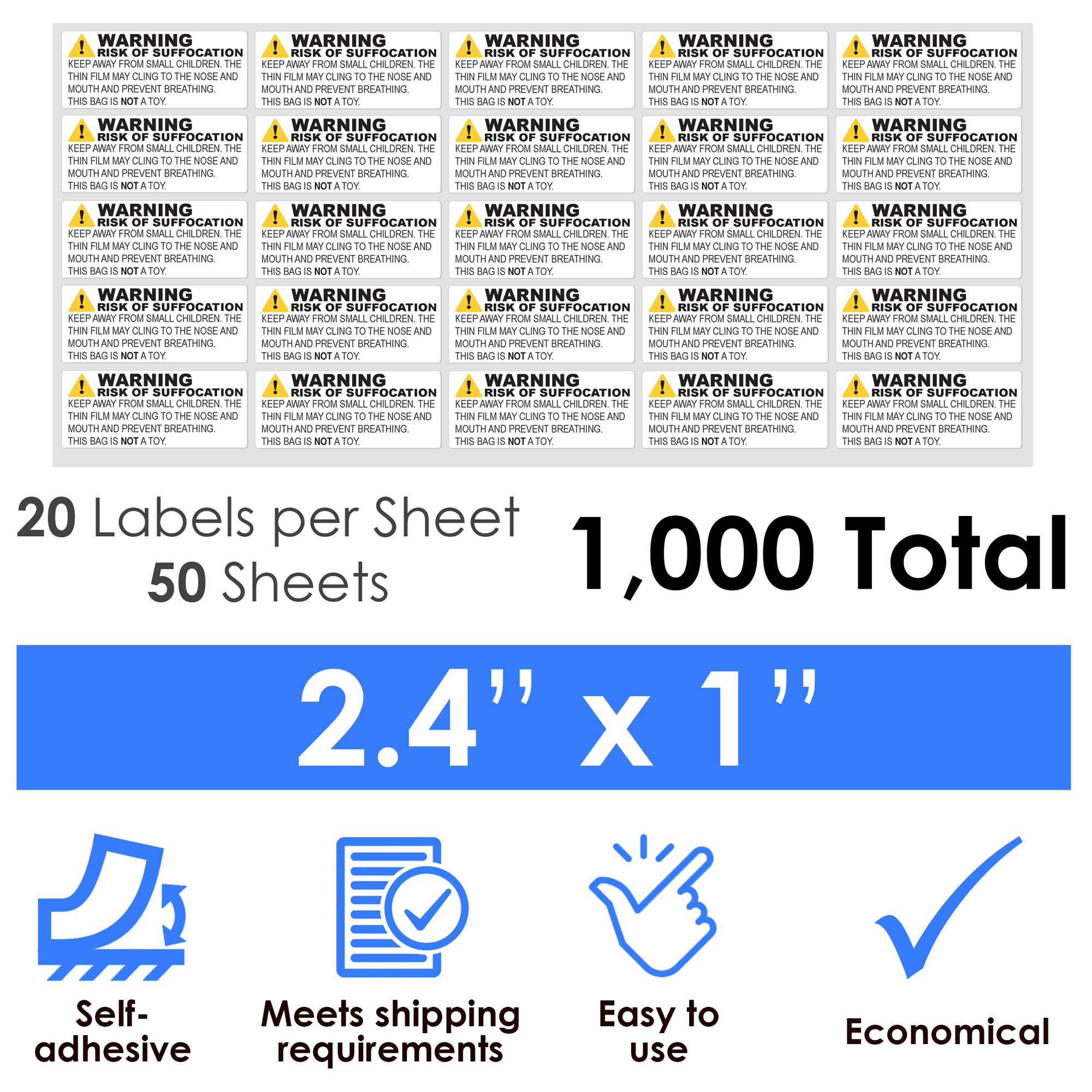 Risk of Suffocation Warning Labels - 2.4" x 1"
