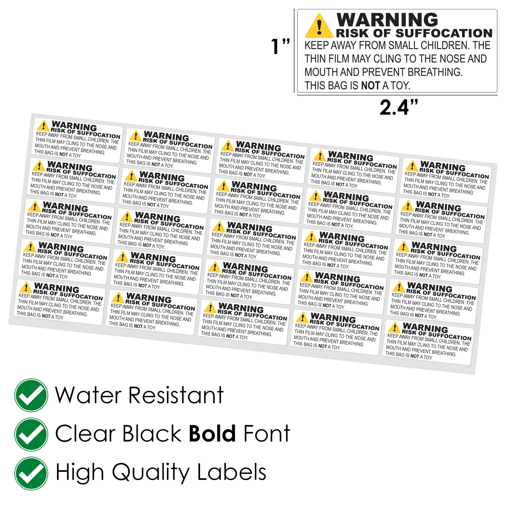 Risk of Suffocation Warning Labels - 2.4" x 1"