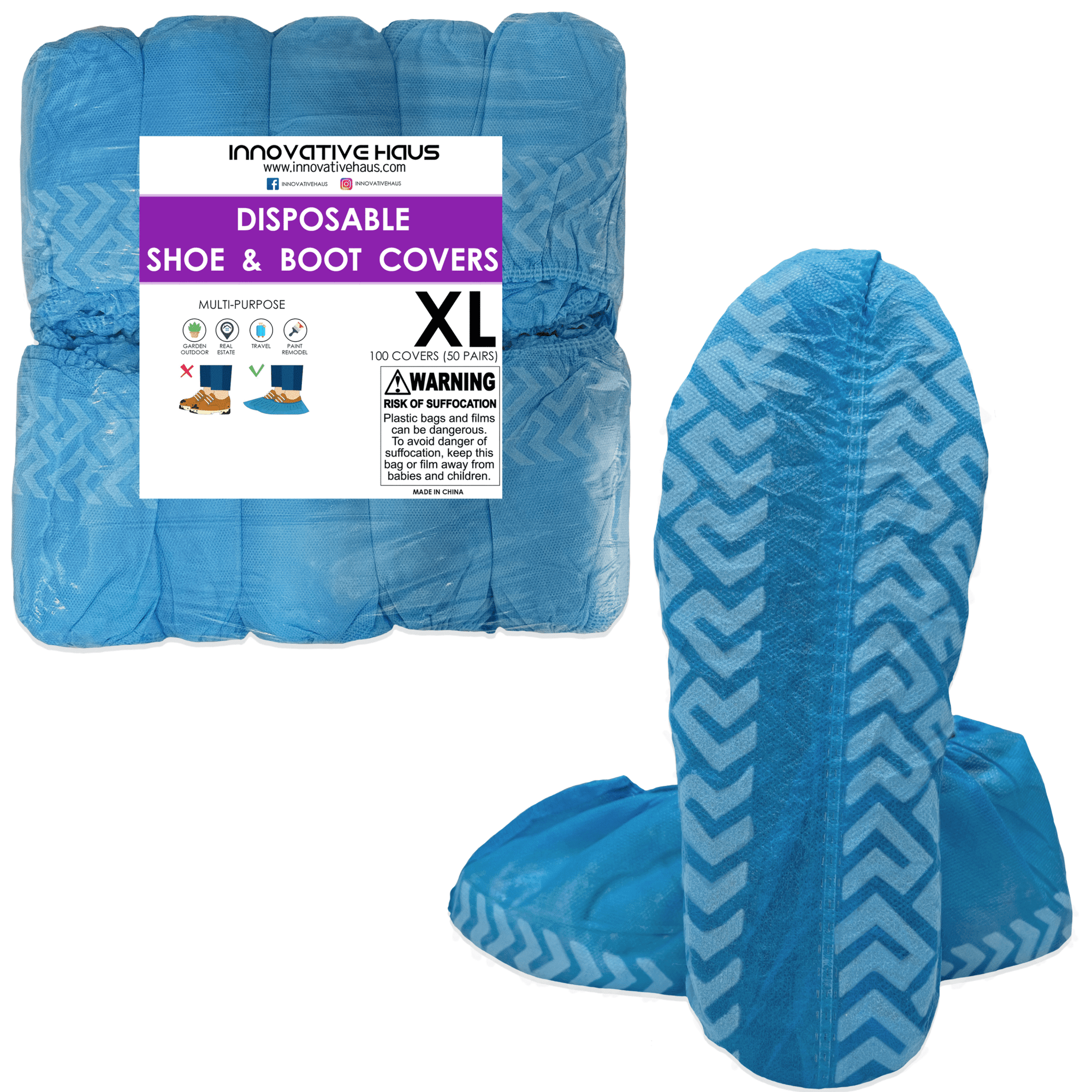 100 Pack Blue Disposable Shoe Covers - XL - Water Resistant