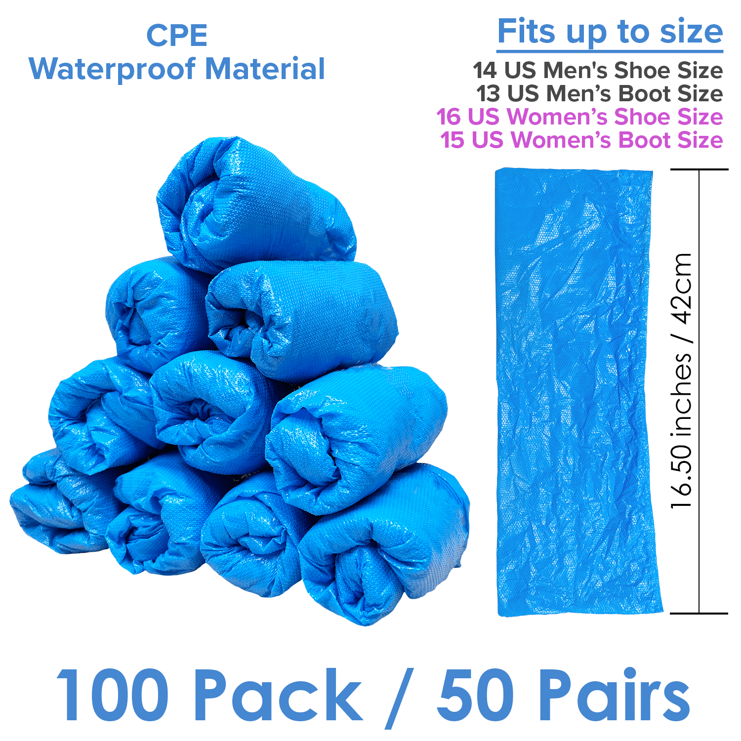 100 Pack Blue Disposable Shoe Covers - XL - Waterproof