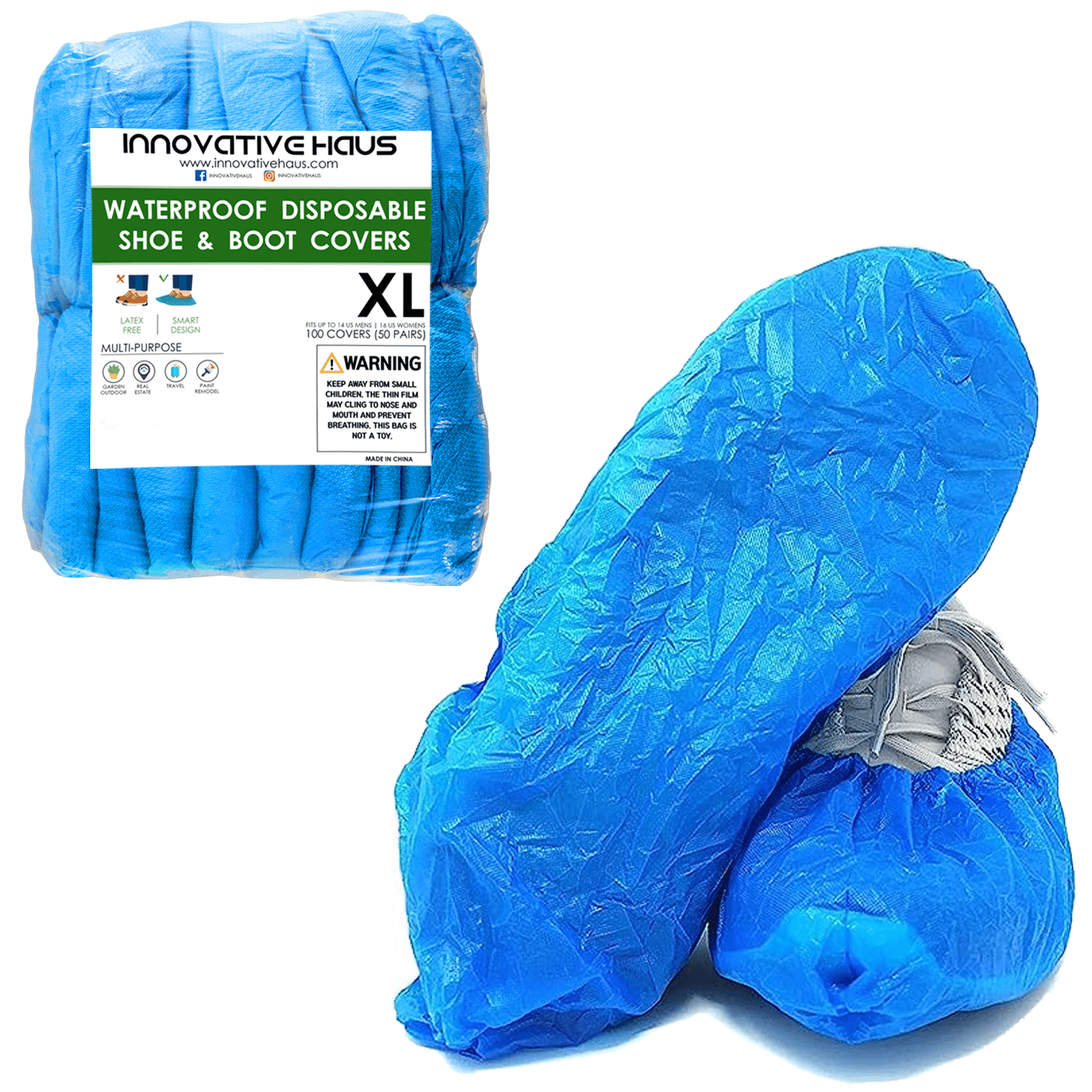 100 Pack Blue Disposable Shoe Covers - XL - Waterproof