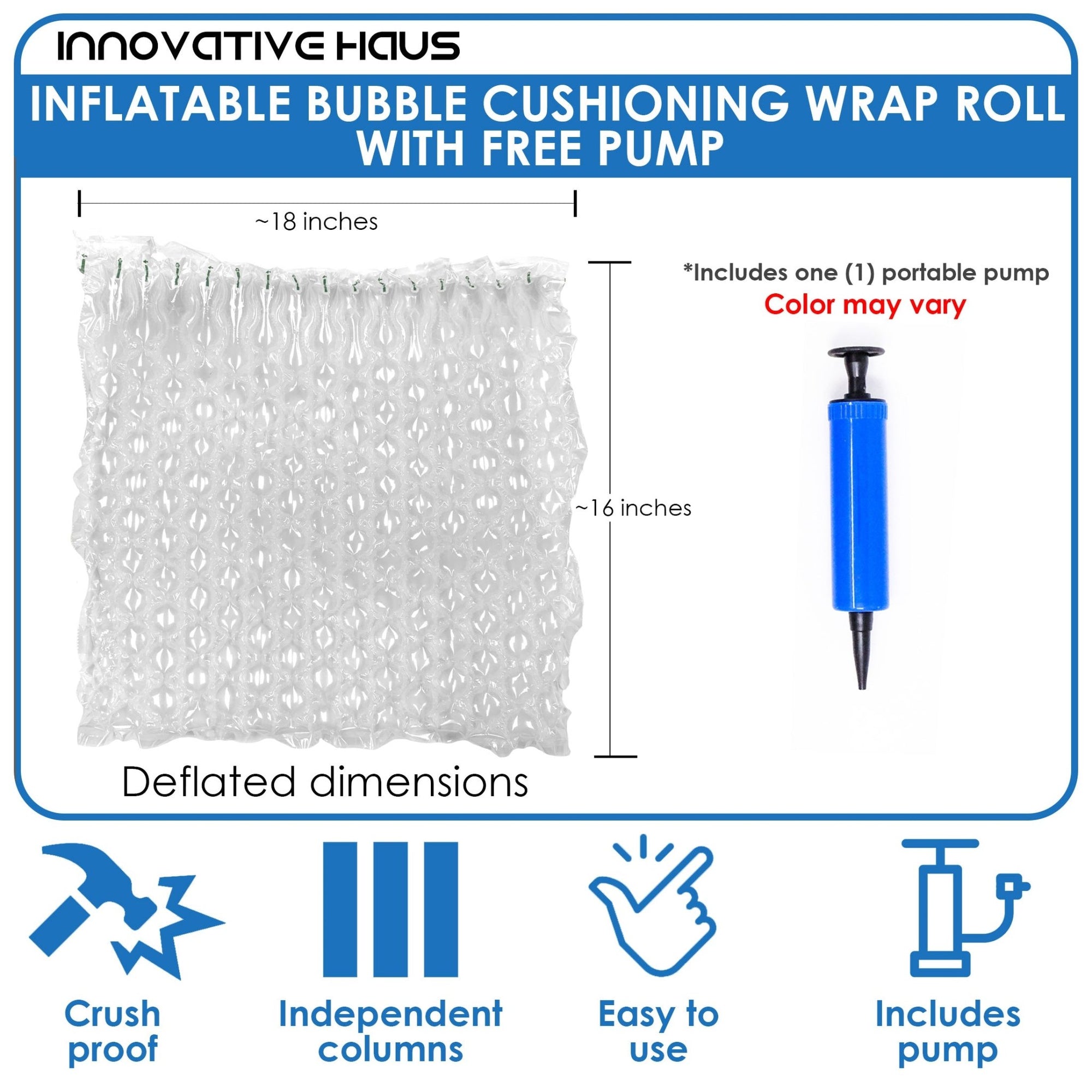 Inflatable Cushioning Wrap Roll with Hand Pump - Durable, Lightweight Packaging Protection - Perforated Every 19 Inches