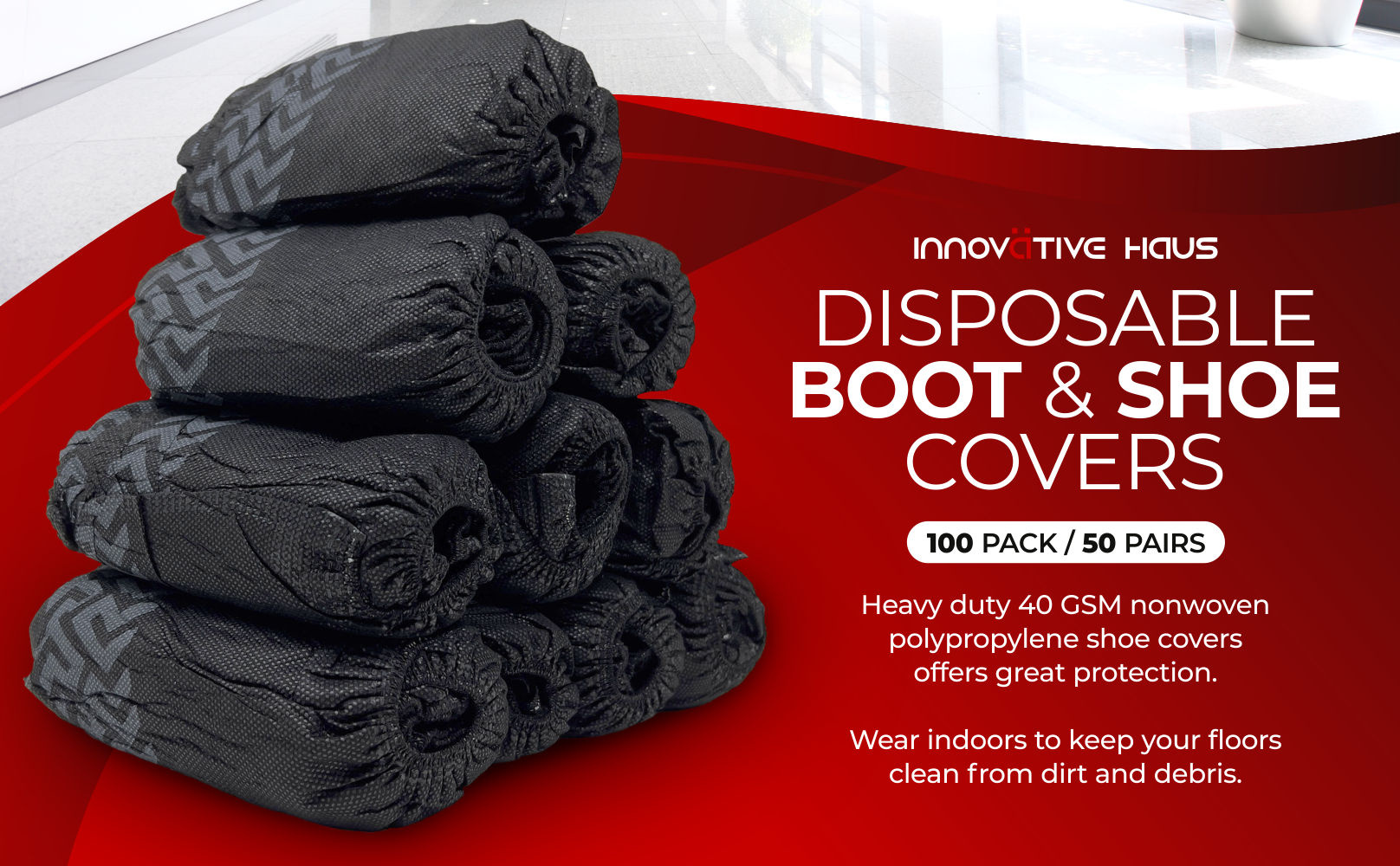 Disposable Black Shoe Covers Non Slip Water Resistant 100 Pack