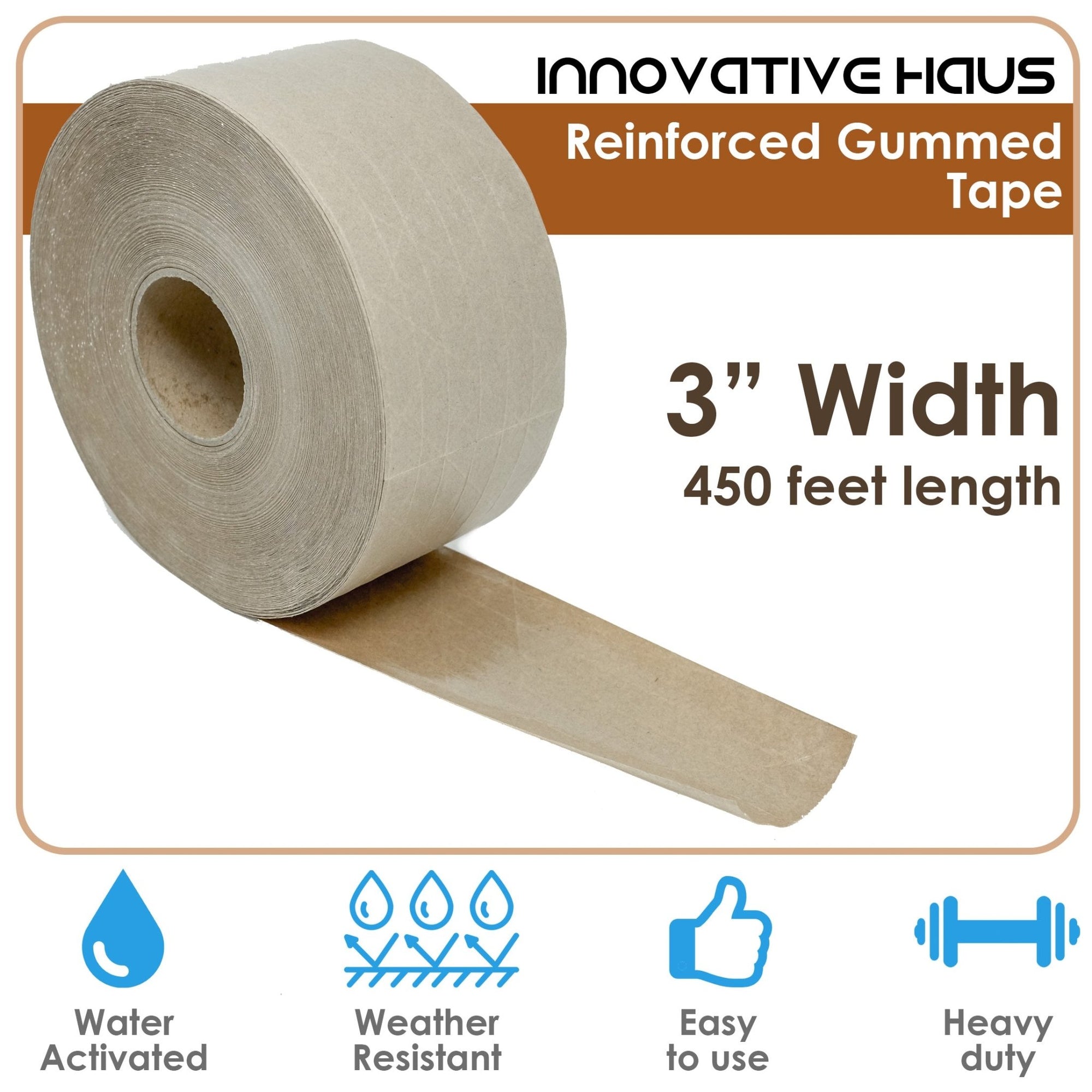 Fiberglass Reinforced Gummed Paper Tape - 3" x 450' - Brown