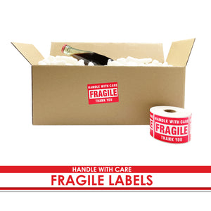 Red 'Handle with Care' Fragile Stickers - 500 Labels, Water-Resistant