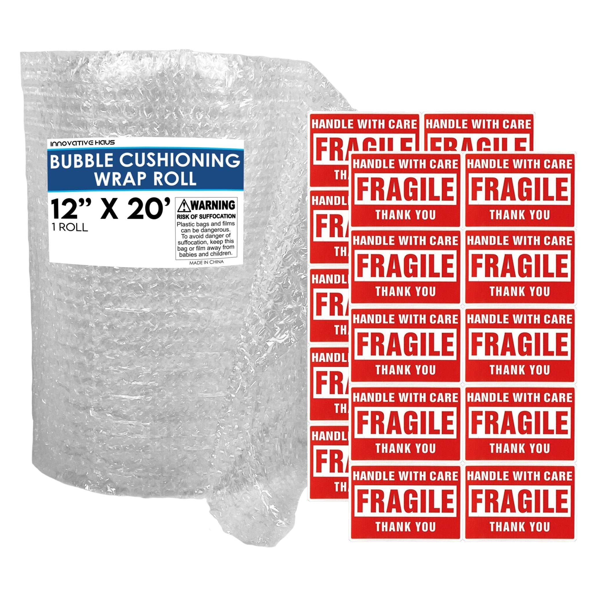 Bubble Cushioning Wrap Roll - Includes Handle with Care Label - 12" x 12"