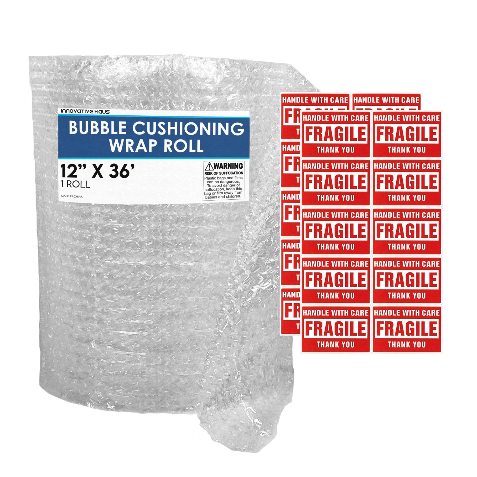 Bubble Cushioning Wrap Roll - Includes Handle with Care Label - 12" x 12"
